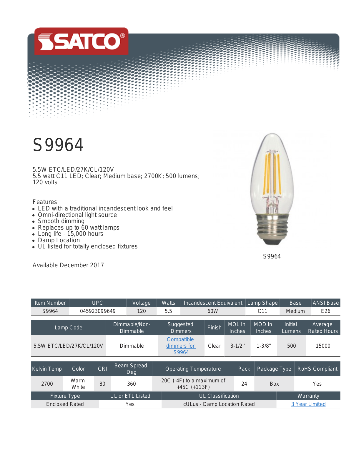 Satco KLR1459 Specifications Sheet - ManualMachine.com