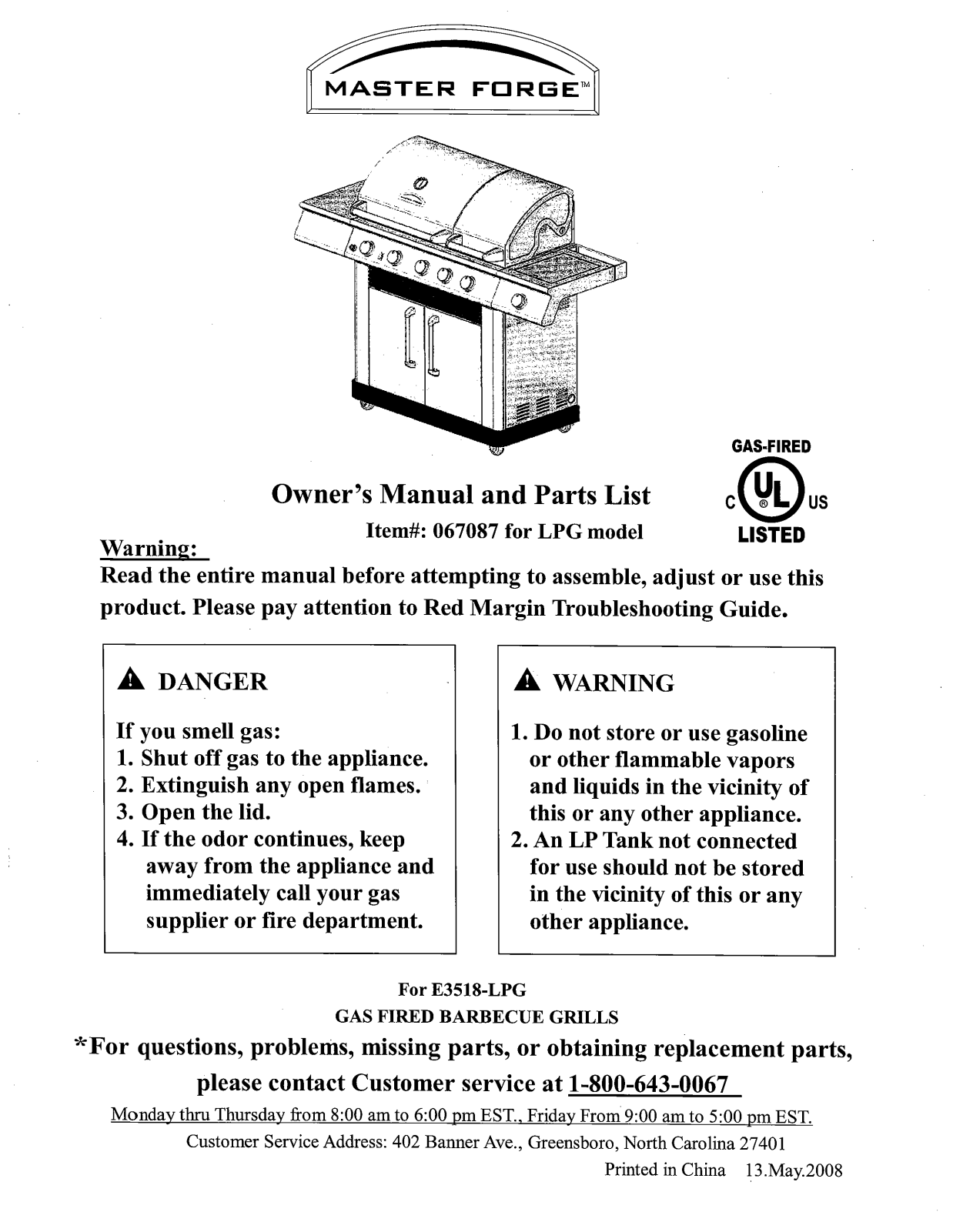 Master Forge E3518-lpg Owner's Manual