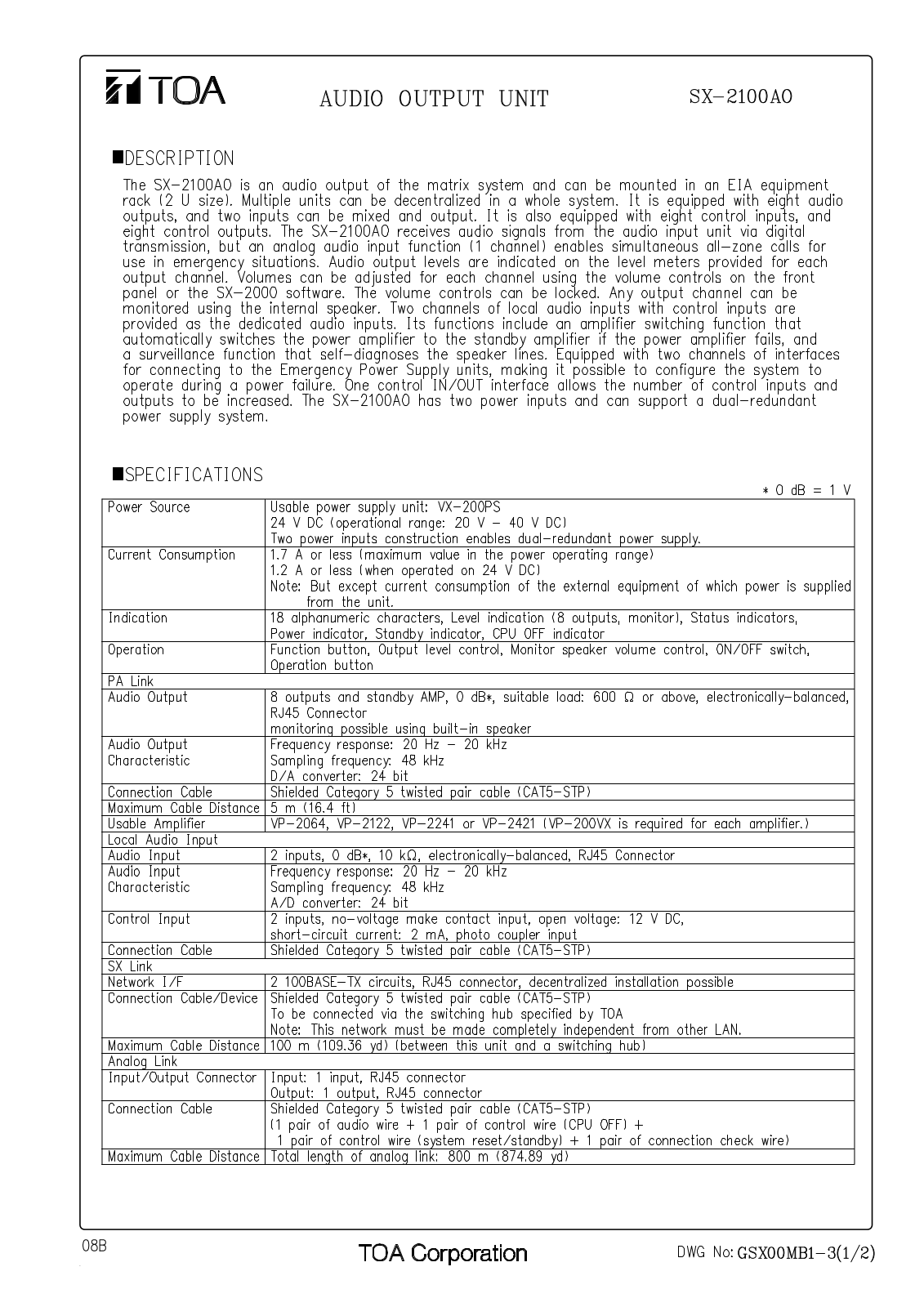 TOA SX-2100AO User Manual