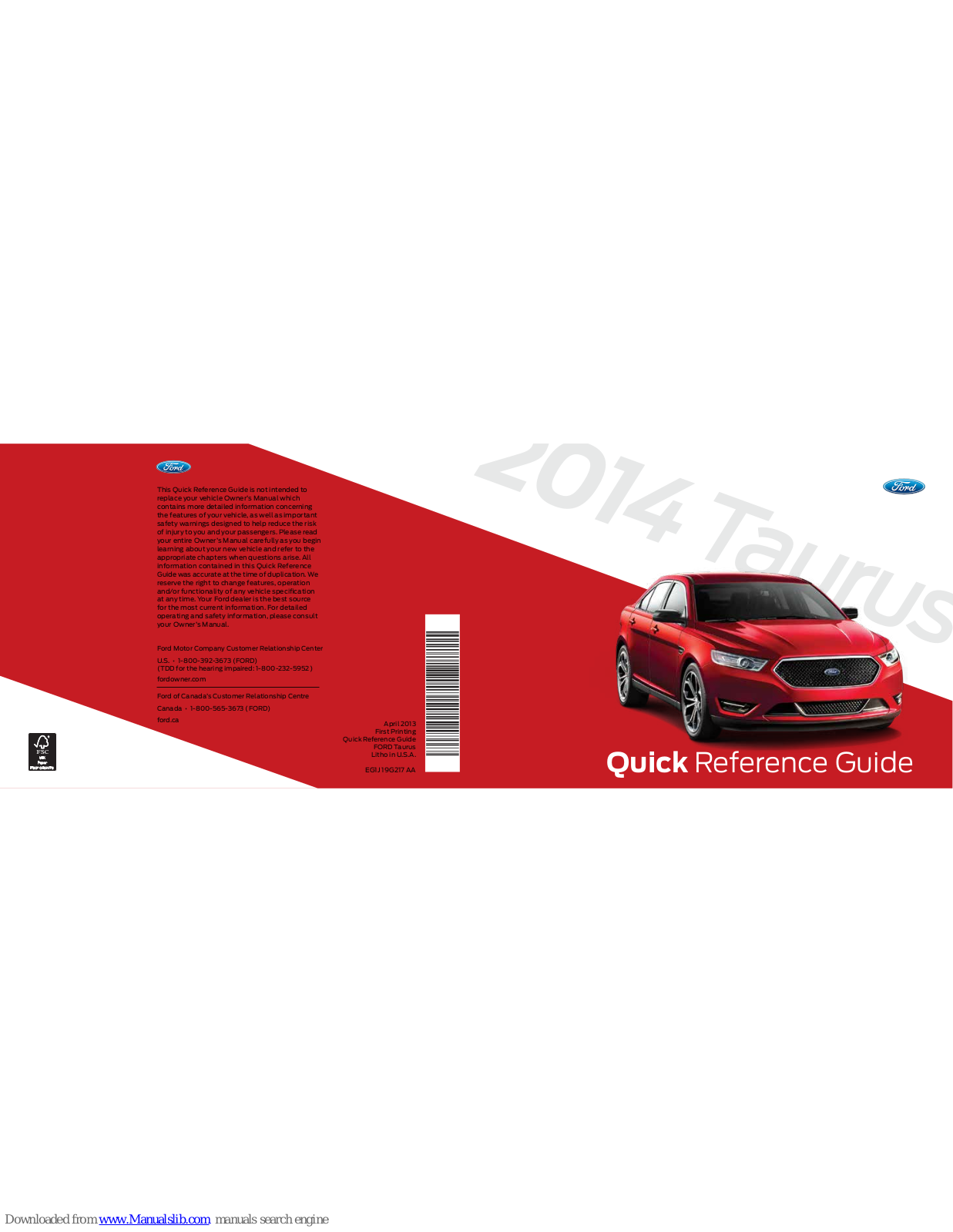 Ford 2014 Taurus Quick Reference Manual