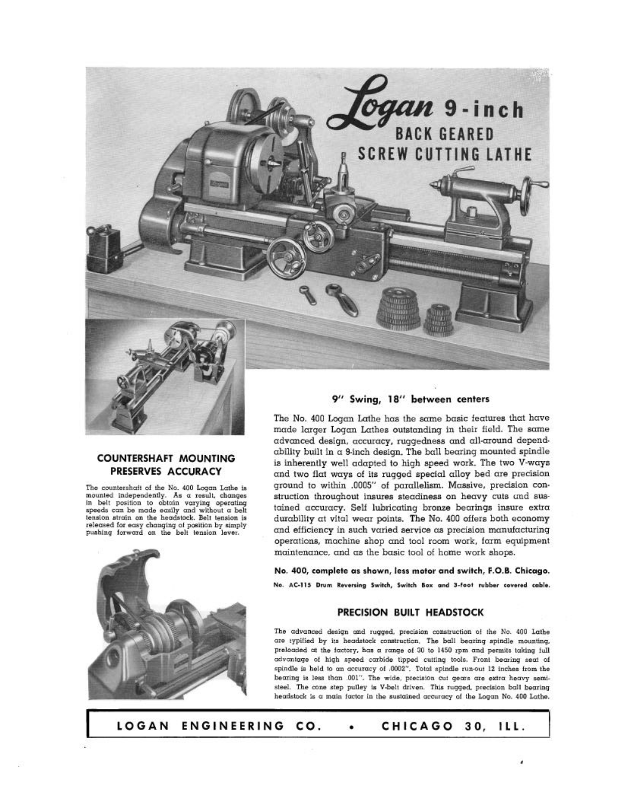 Logan Engineering Model 400 9-inch Back Geared Screw Cutting Lathe Lathes - ManualMachine.com