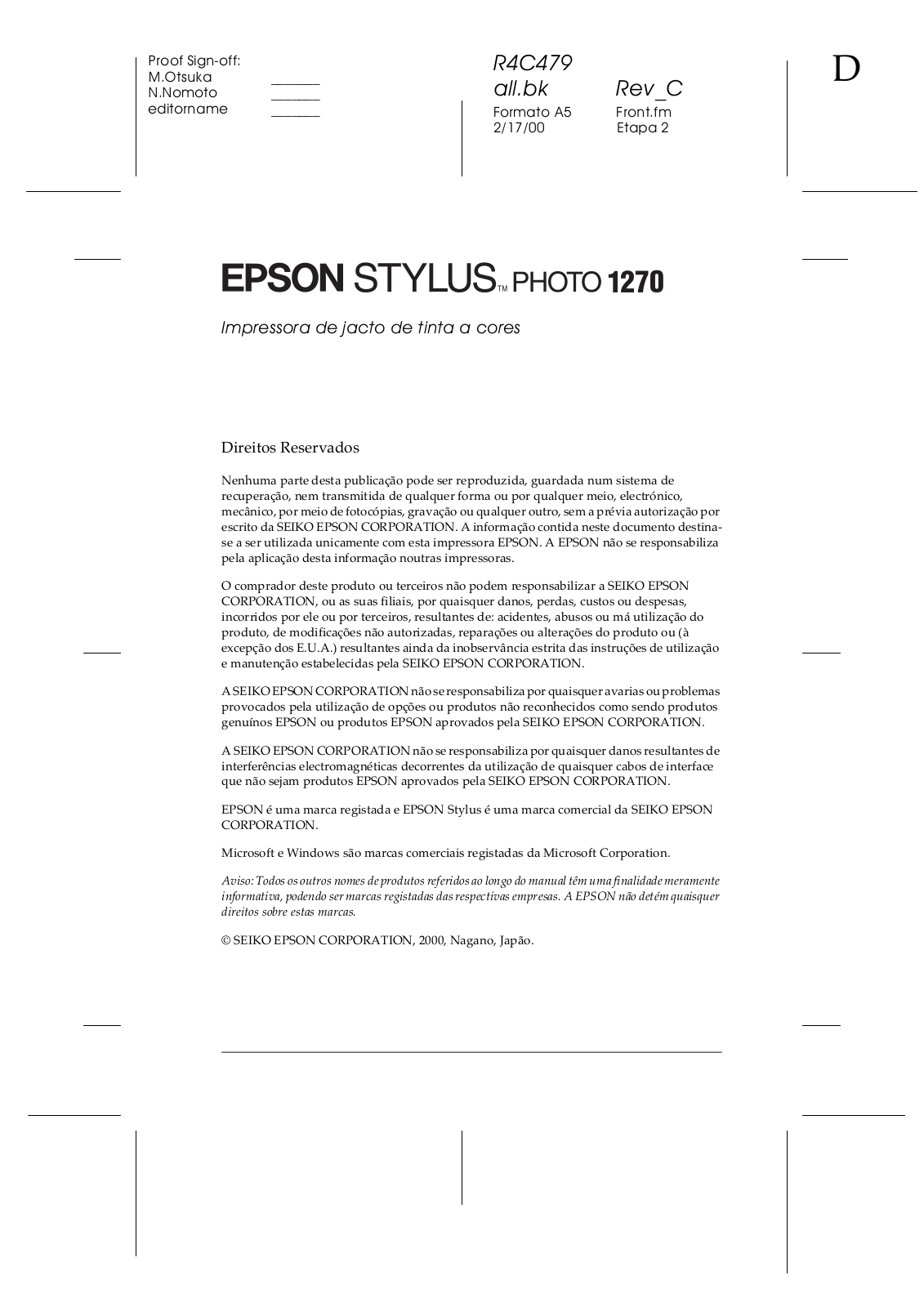 Epson STYLUS PHOTO 1270 Font Manual