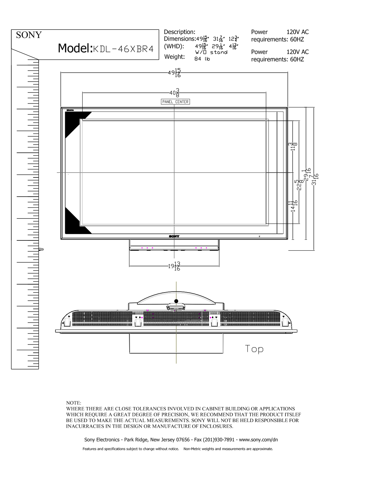 Sony KDL-46XBR4 Dimensions Diagram