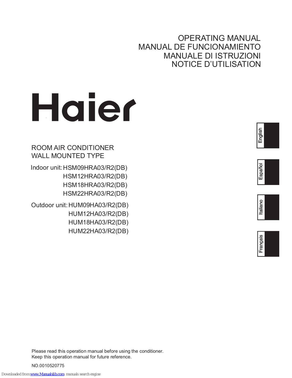 Haier HSM18HRA03/R2(DB), HSM22HRA03/R2(DB), HSM09HRA03/R2(DB), HSM12HRA03/R2(DB) Operating Manual