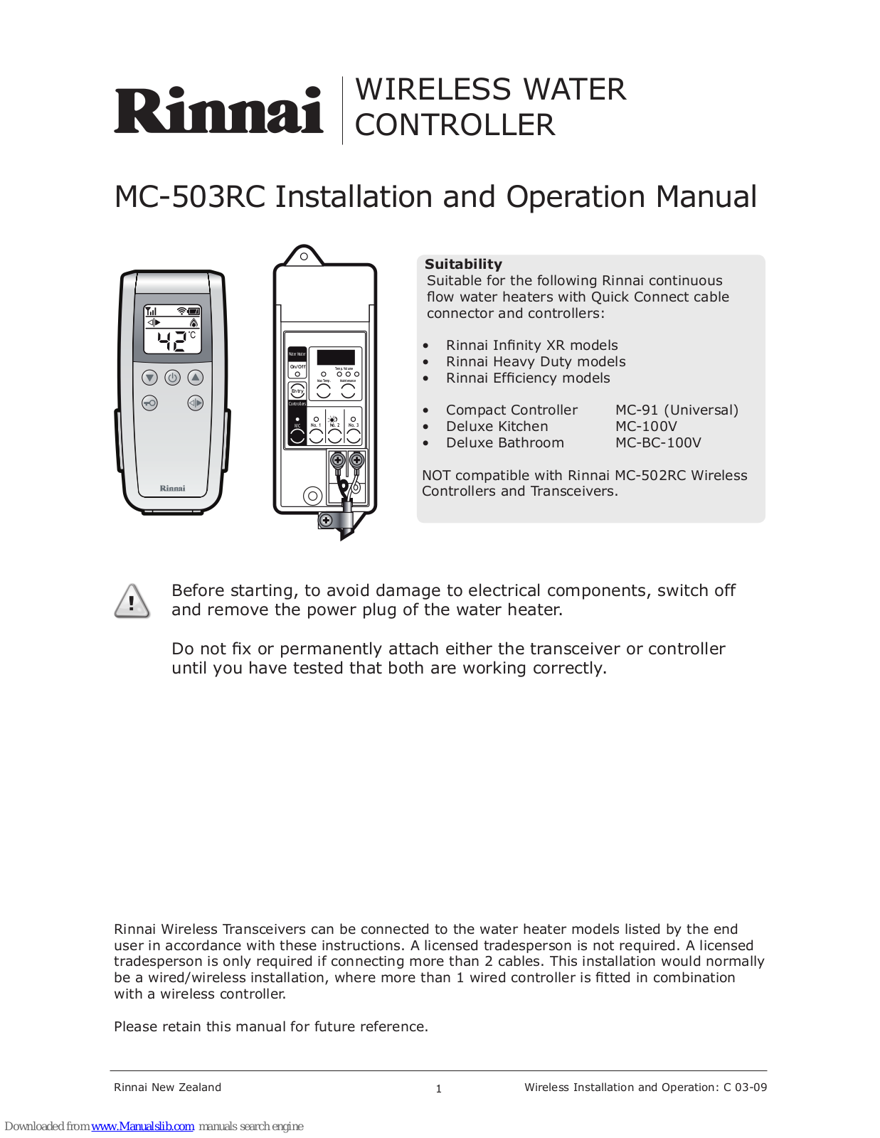 Rinnai MC-503RC Installation And Operation Manual