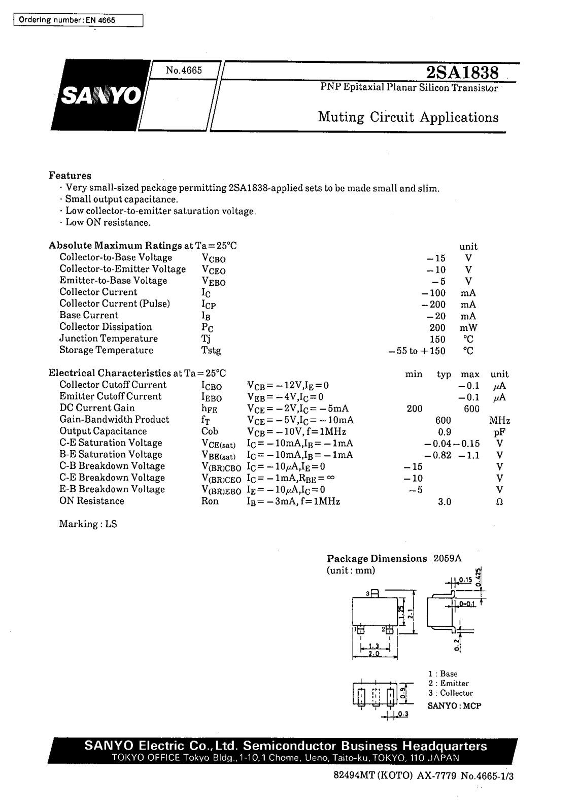 SANYO 2SA1838 Datasheet