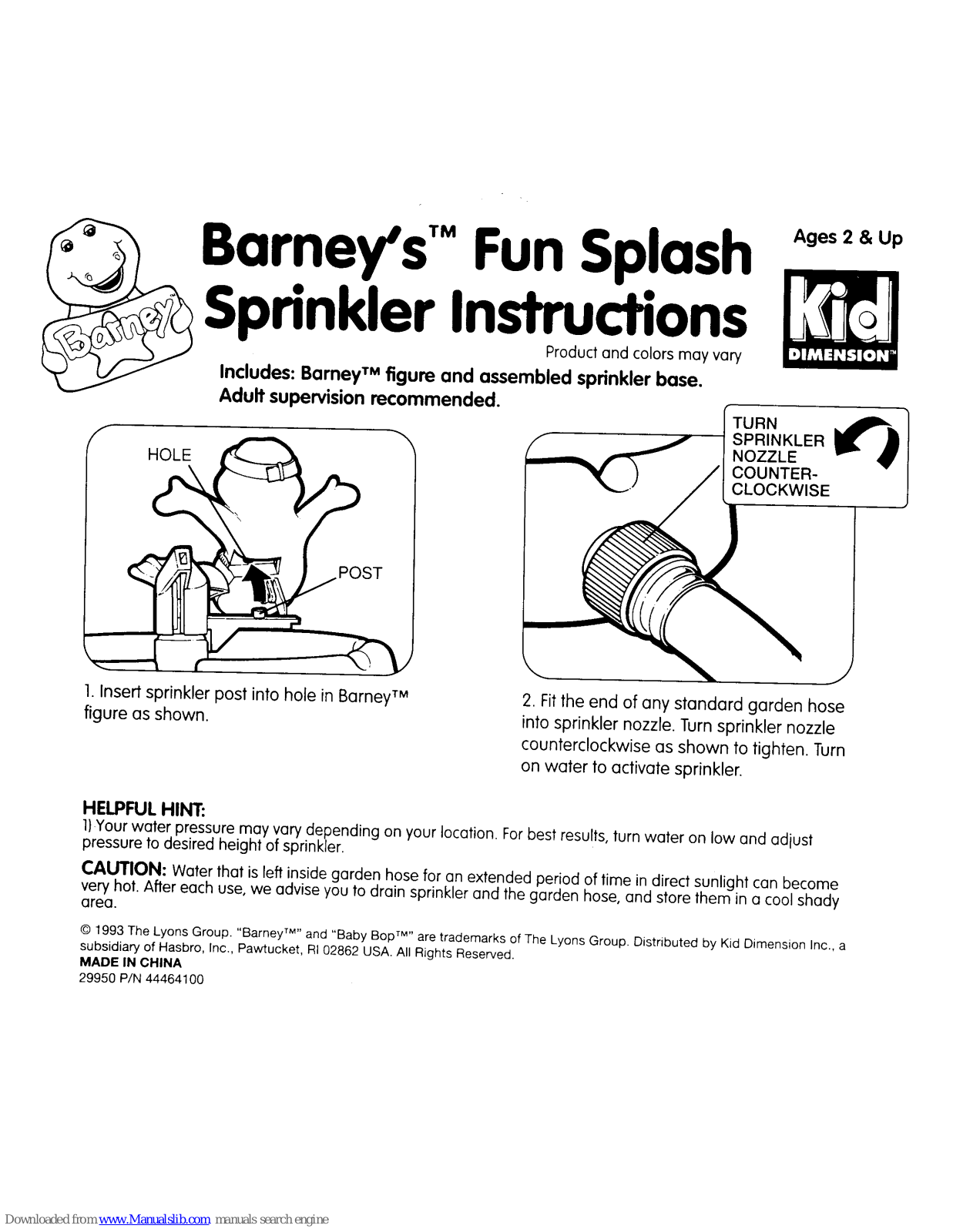 Kid Dimension Barney's Fun Splash Sprinkler Instructions Manual