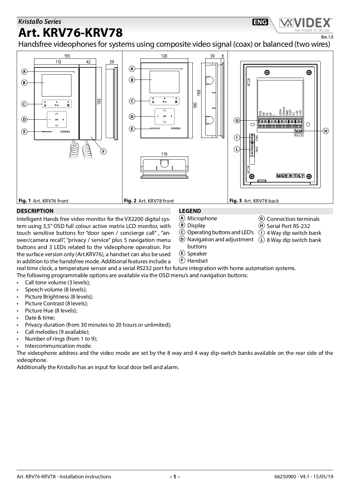 Videx Security KRV7X User Manual