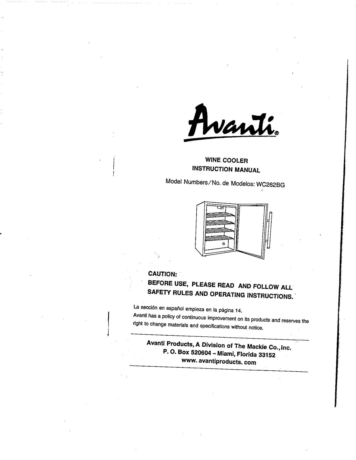 Avanti WC262BG User Manual