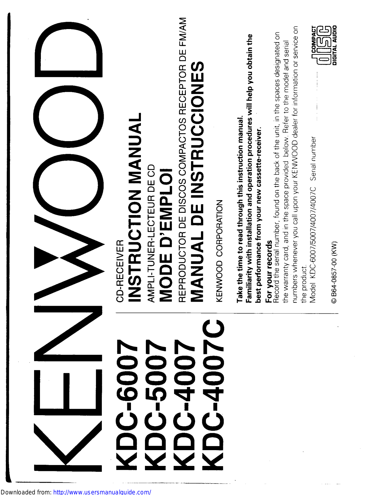 KENWOOD KDC-6007, KDC-5007, KDC-4007CP, KDC-4007C, KDC-4007 User Manual