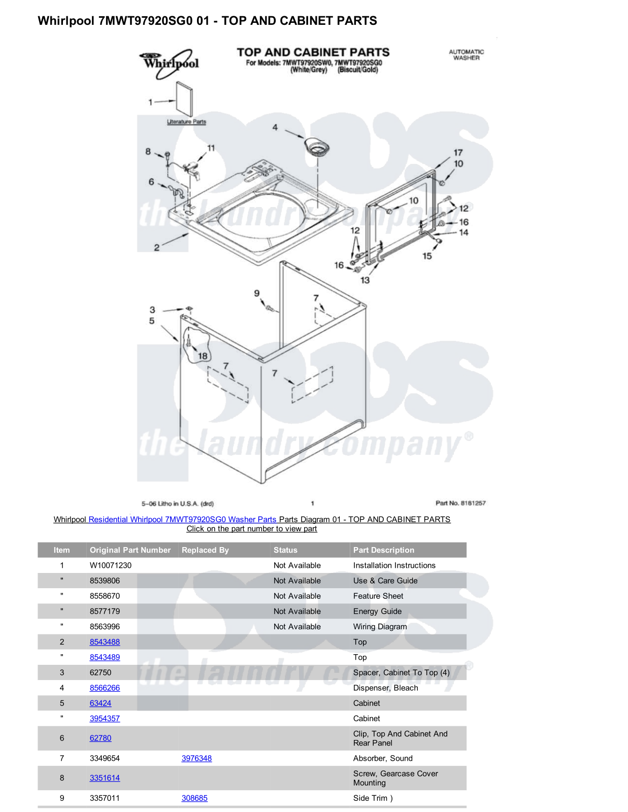 Whirlpool 7MWT97920SG0 Parts Diagram