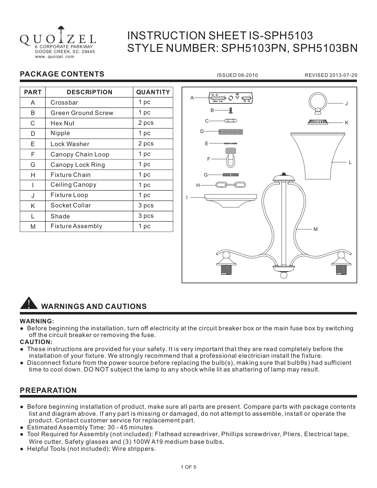 Quoizel SPH5103BN User Manual