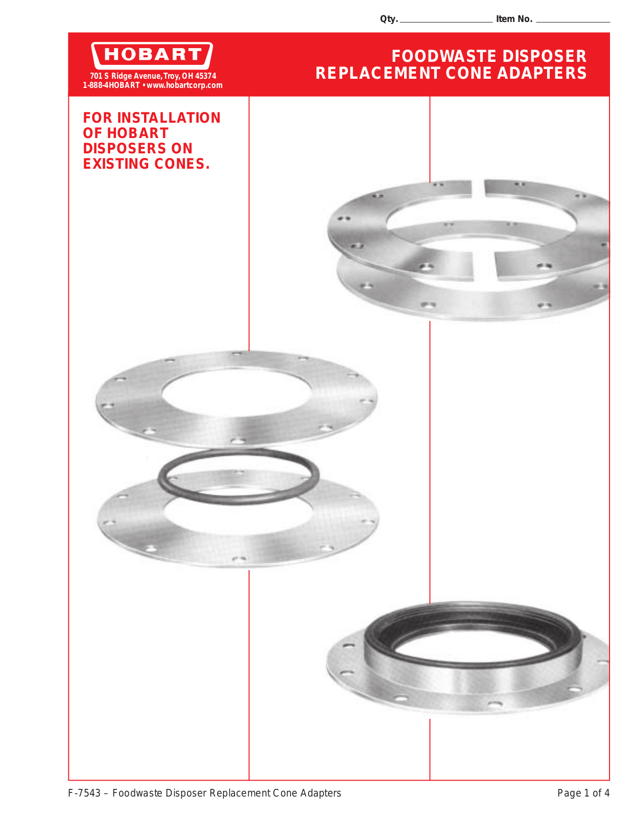 Hobart FOODWASTE DISPOSER REPLACEMENT CONE ADAPTERS General Manual