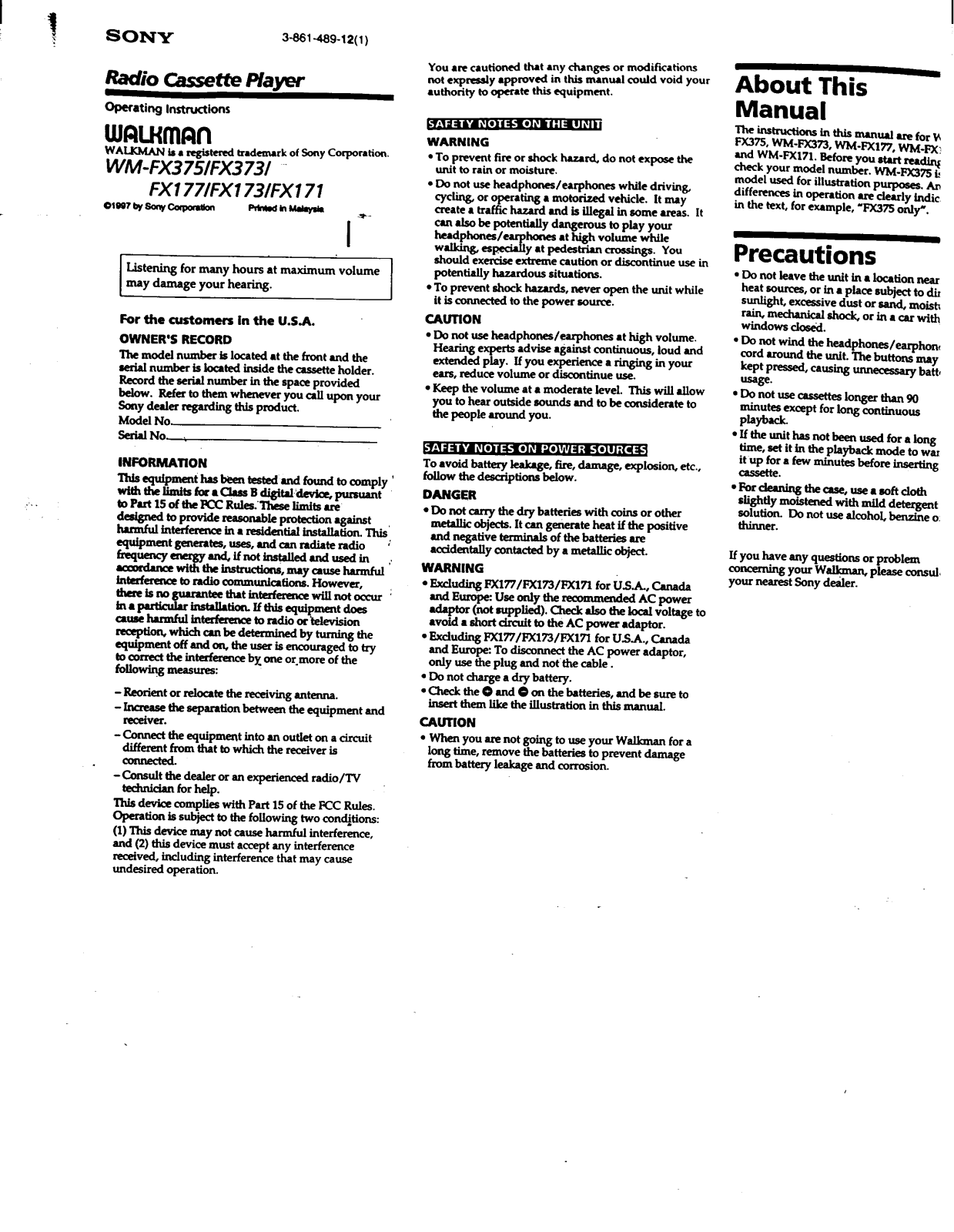 Sony wm-fx355, wm-fx353, wm-fx157, wm-fx153, wm-fx151 Operating Manual