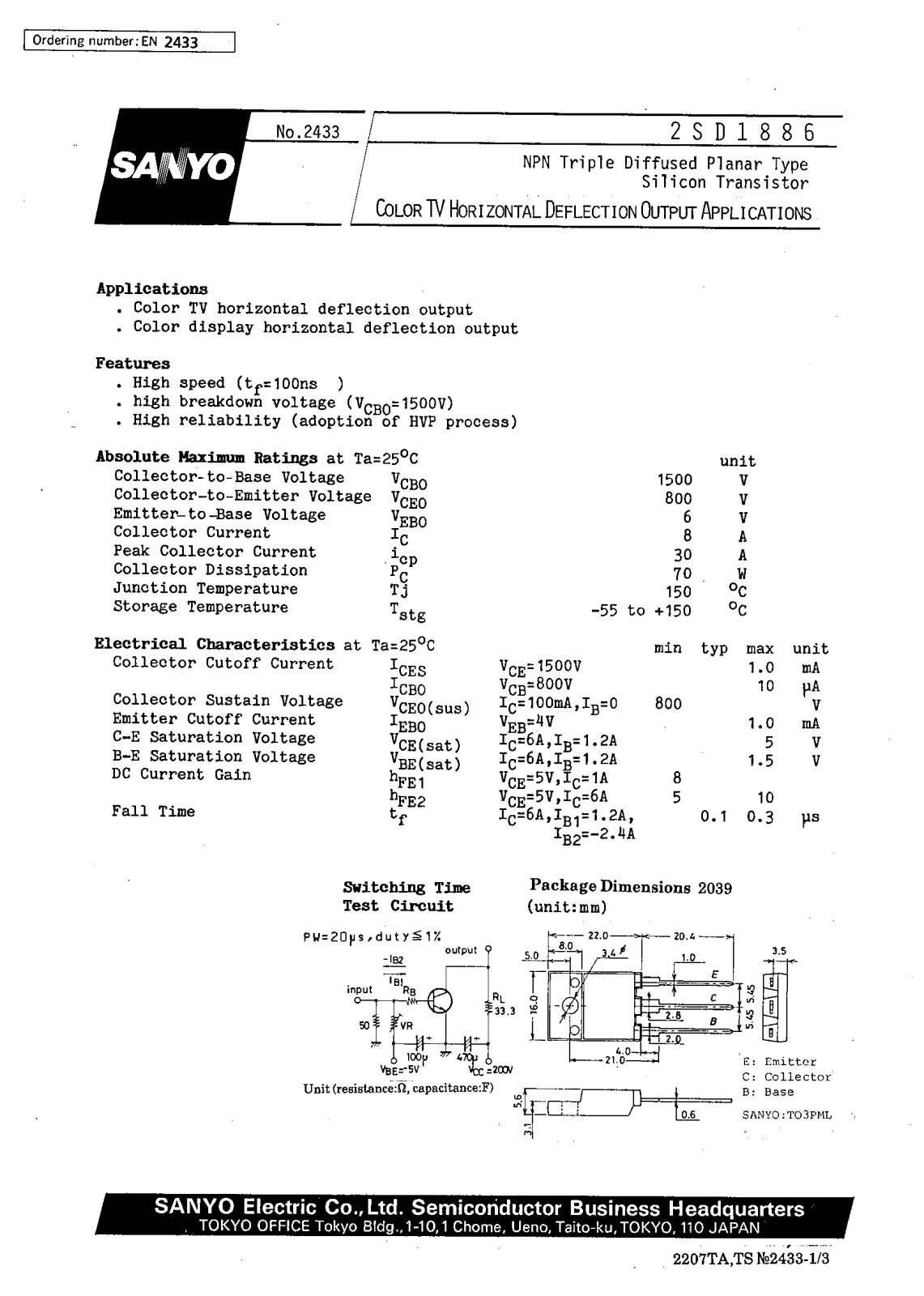 SANYO 2SD1886 Datasheet