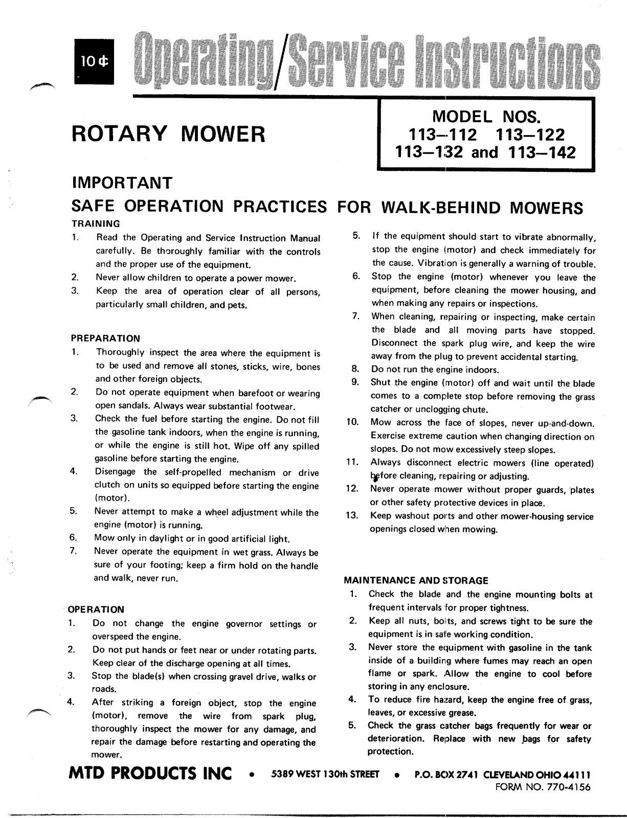 MTD 113-132, 113-142, 113-122 User Manual