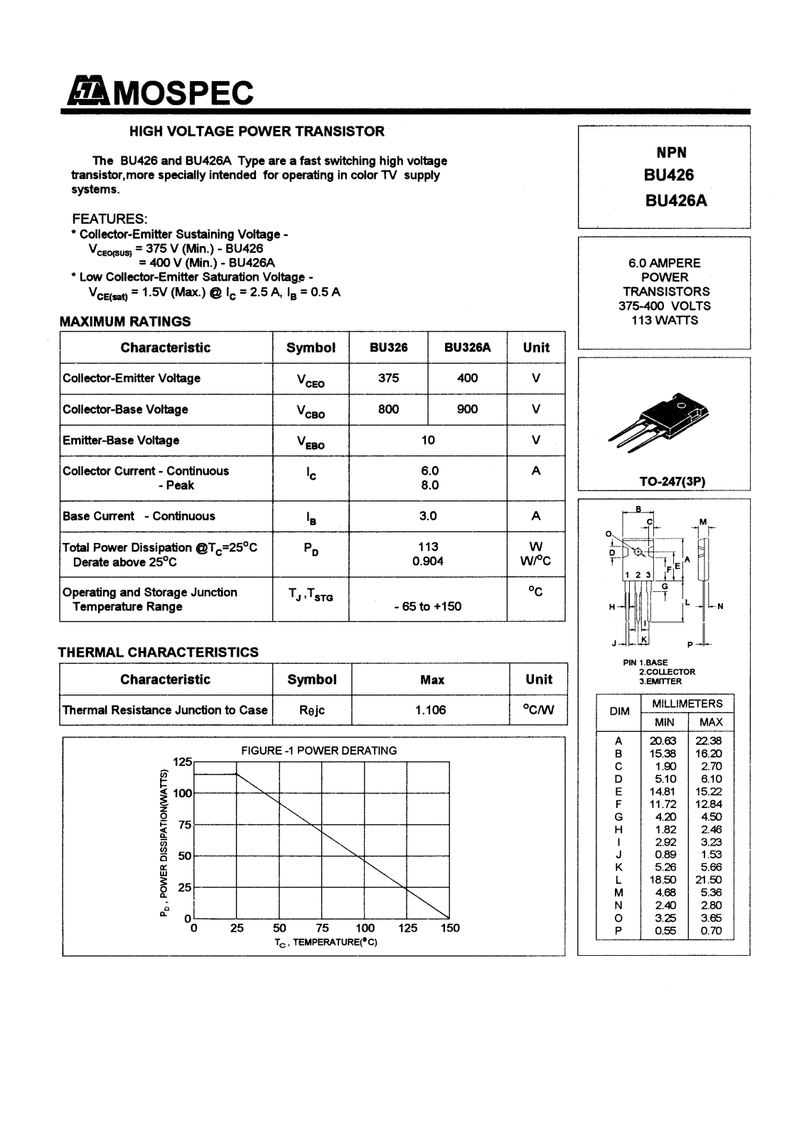 MOSPEC BU426, BU426A Datasheet