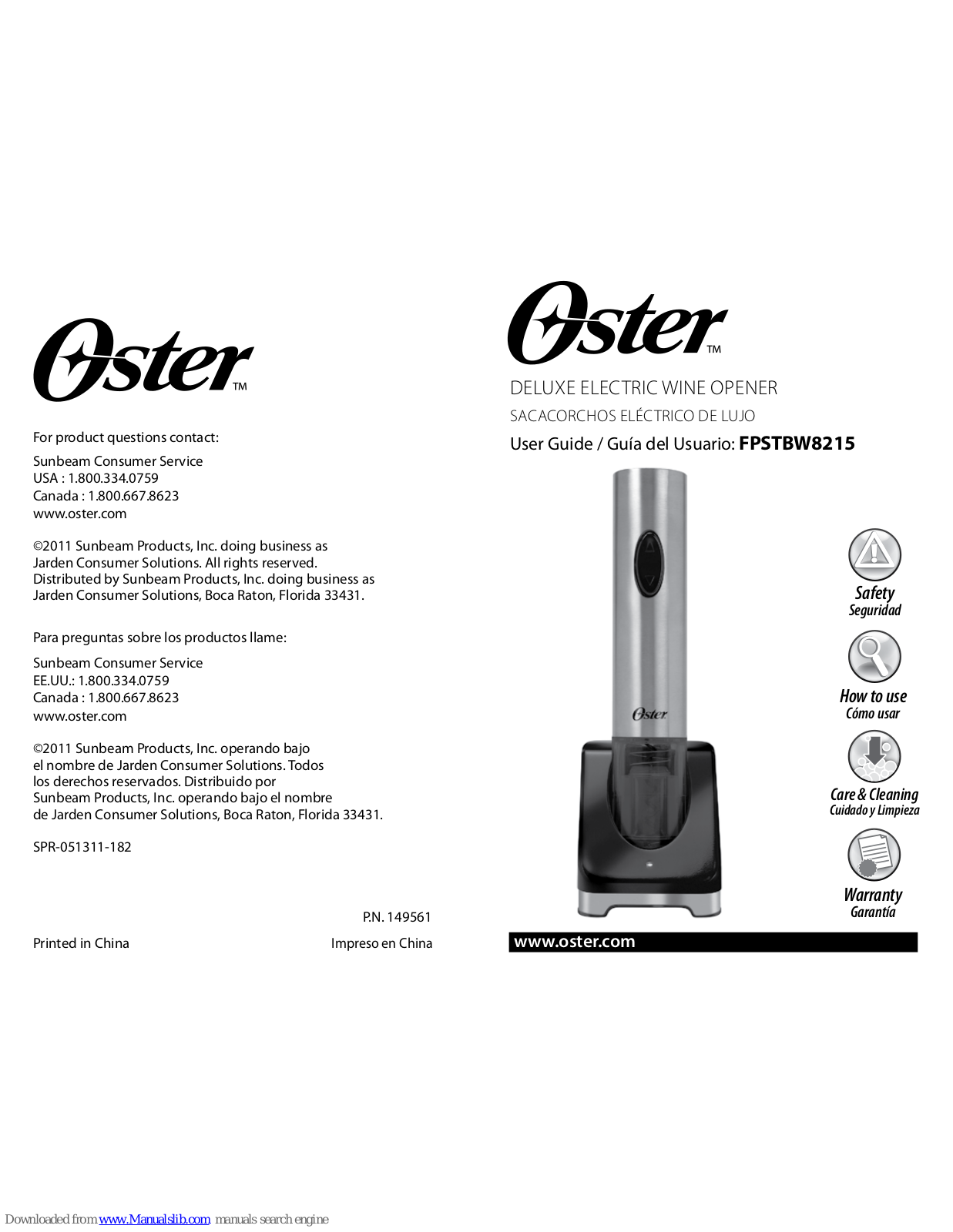 Oster Deluxe Electric Wine Opener Instruction Manual