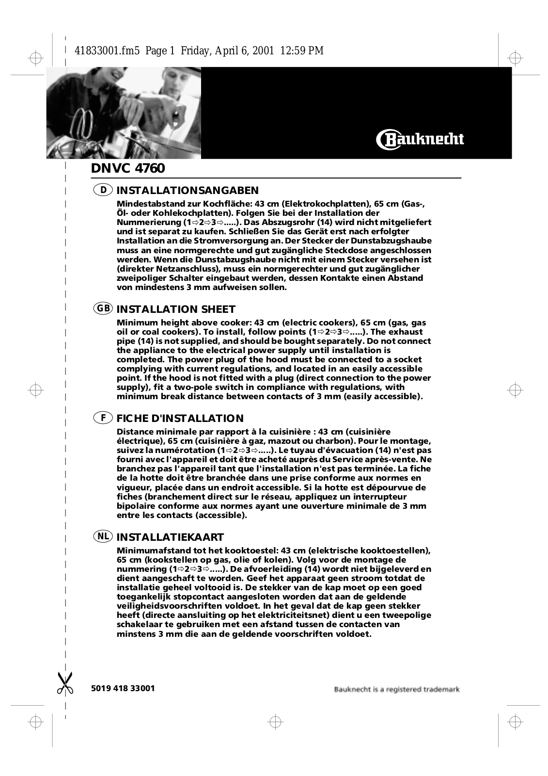 Whirlpool DNVC 4760 INSTALLATION SHEET