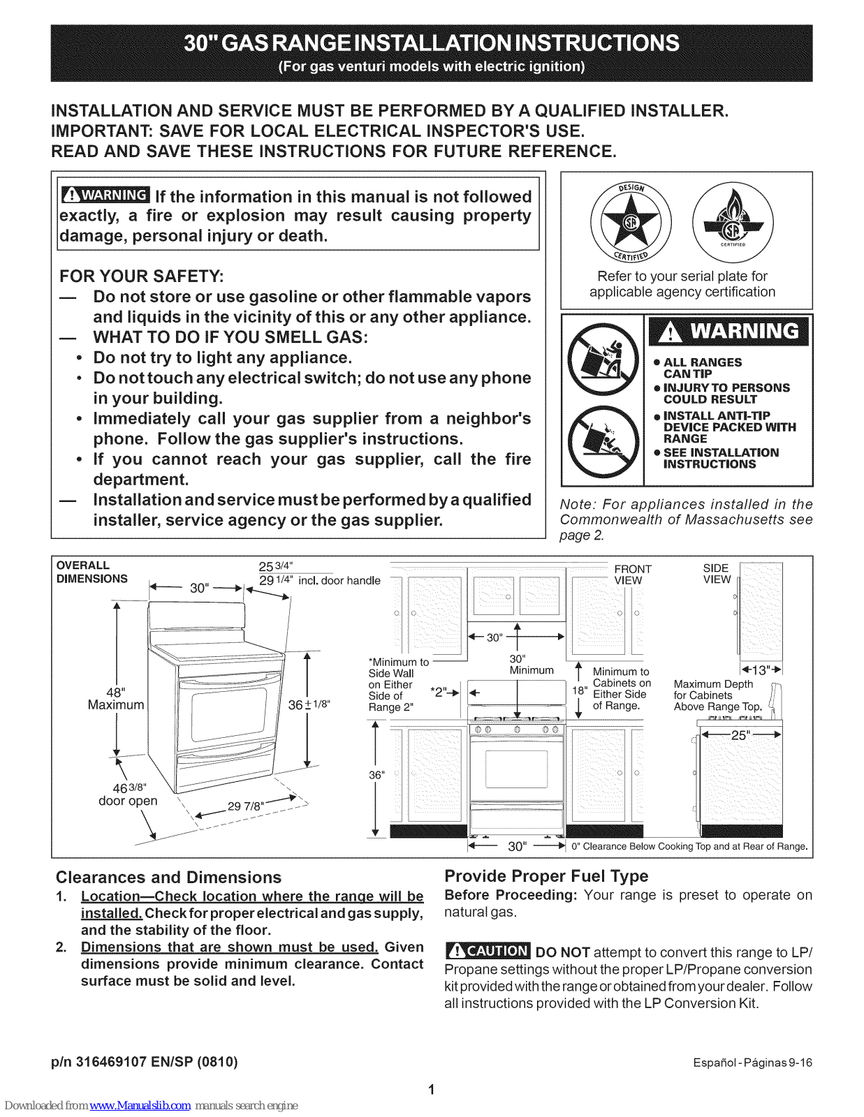 Frigidaire XFLF3005LWB, FFGF3011LWC, XFLF3005LQB, FFGF3011LBC, XFGF3005LQB Installation Instructions Manual - ManualMachine.com