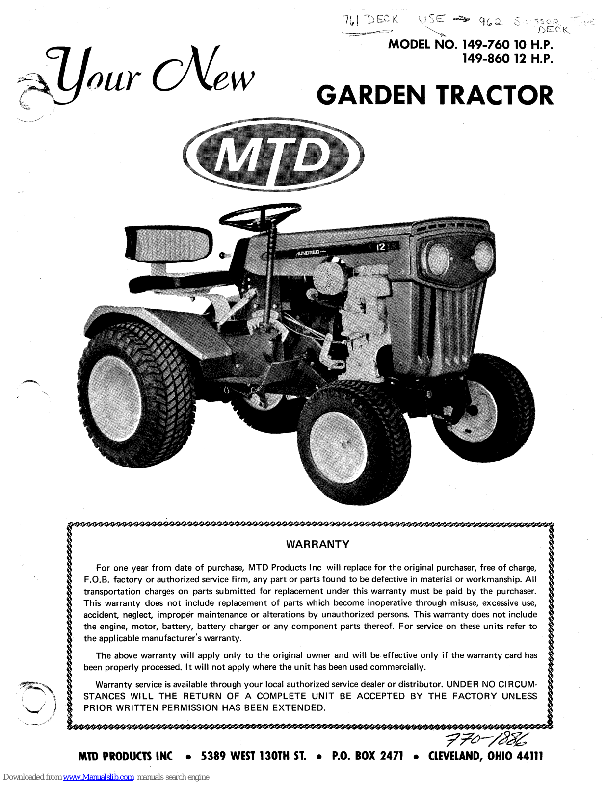 MTD 149-760 10 H.P, 149-860 12 H.P., 149-760, 149-860 Owner's Manual