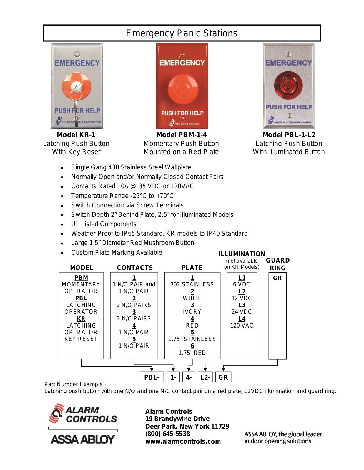 Alarm Controls PBL-1, PBL-2, PBL-3, PBL-4, PBL-5 Specsheet