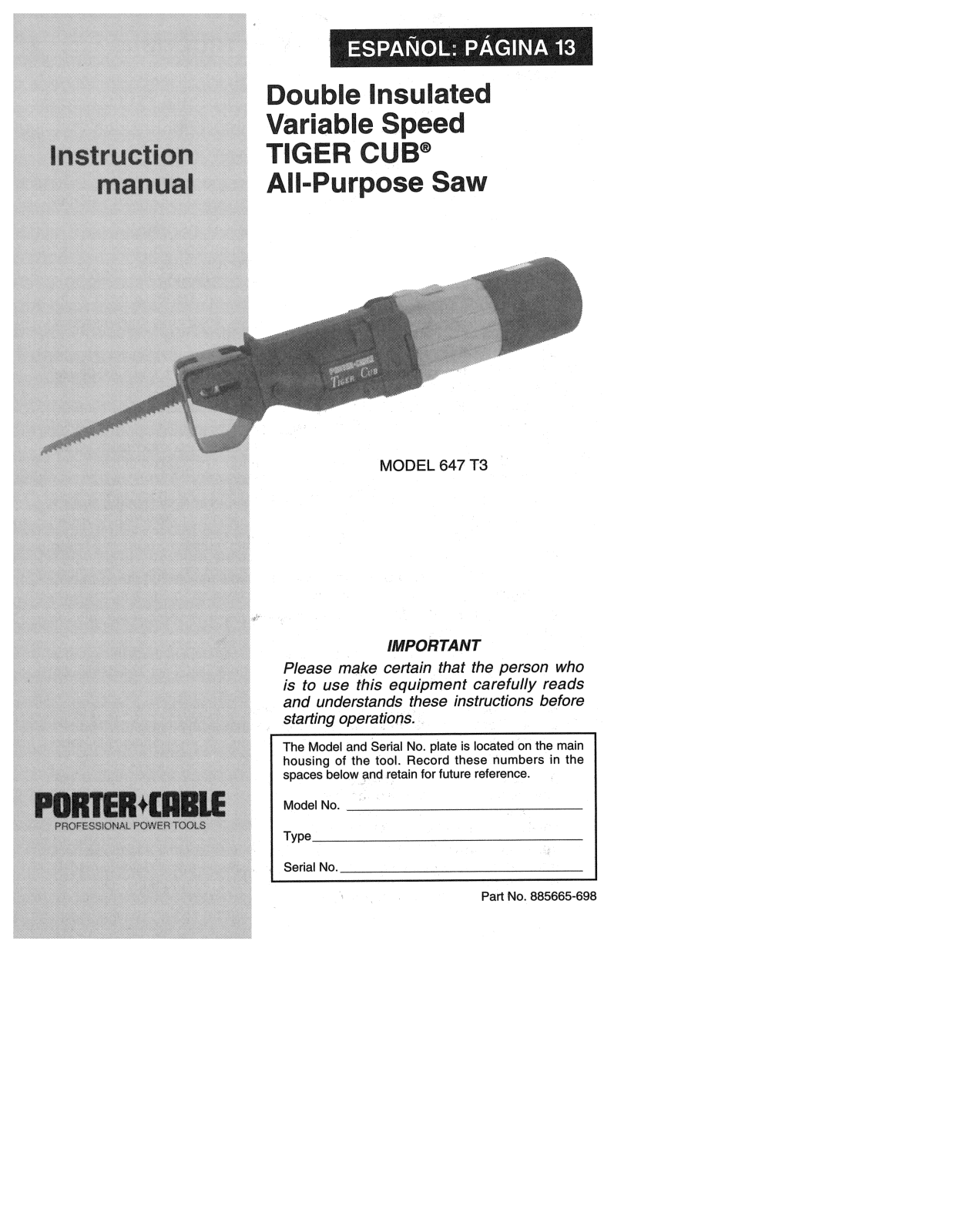 Porter-Cable TIGER CUB 647 T3 User Manual