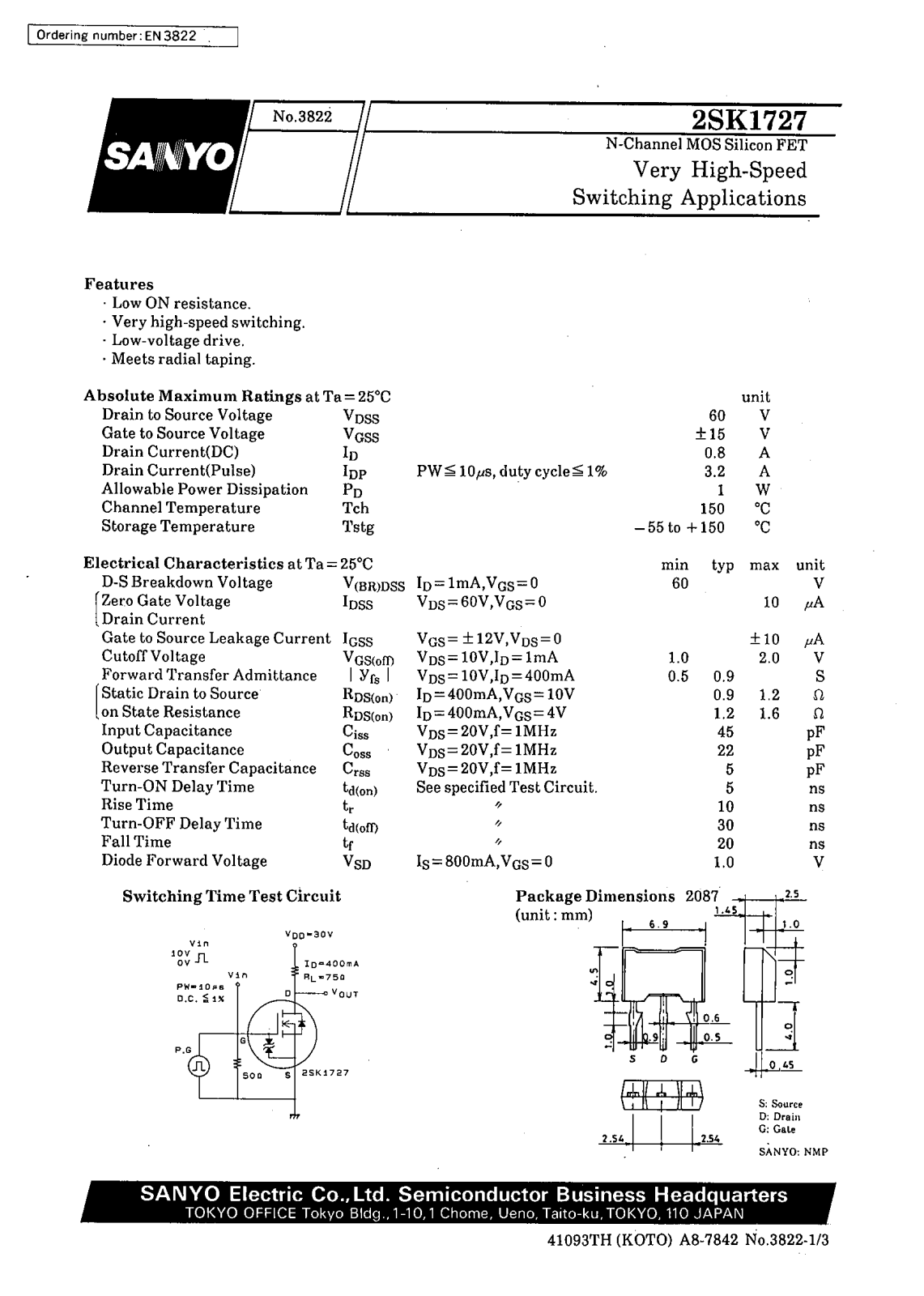 SANYO 2SK1727 Datasheet