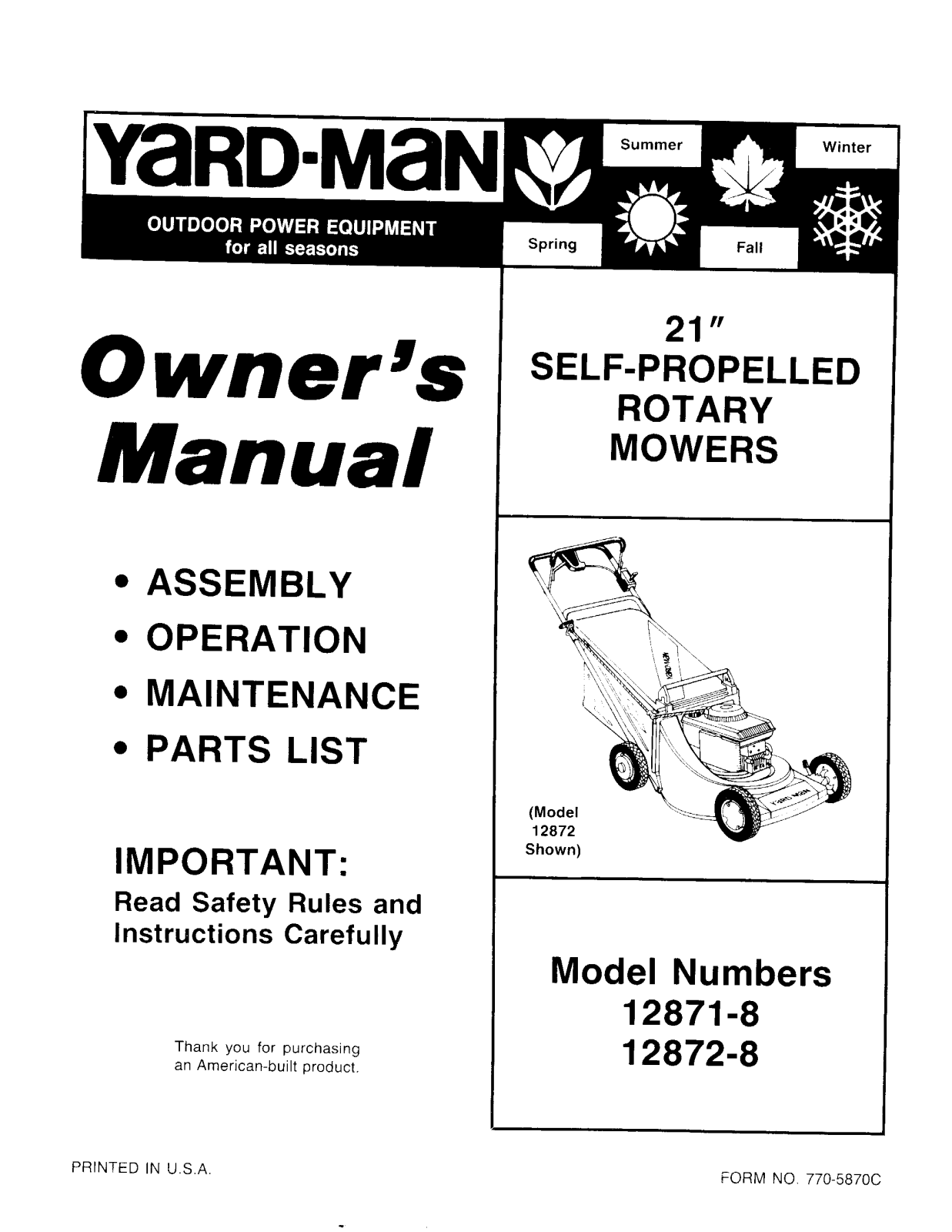 Yard-Man 12872-8, 12871-8 User Manual