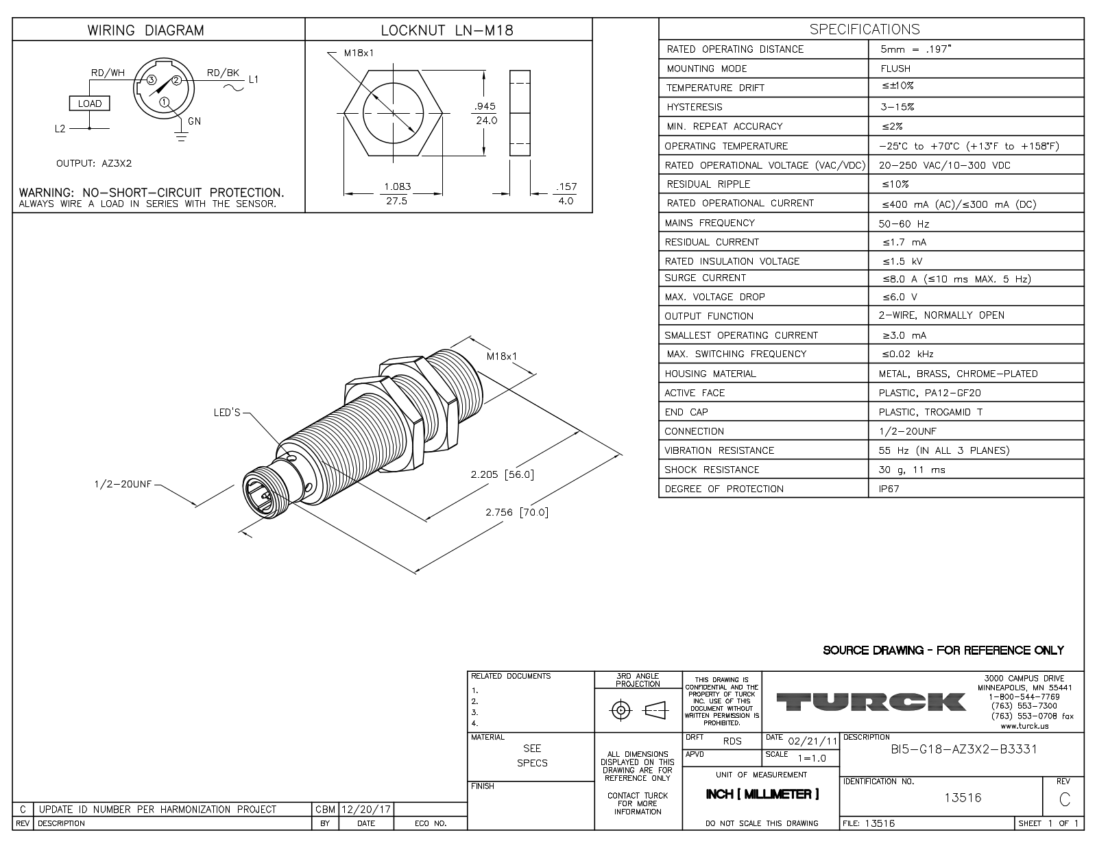 Turck BI5-G18-AZ3X2-B3331 Data Sheet