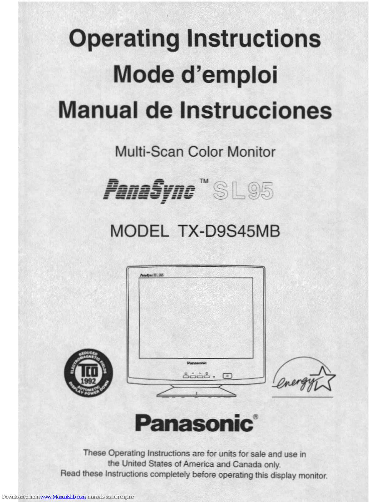 Panasonic PANASYNC TX-D9S45MB, PANASYNC TX-D9S45MBM, PANASYNC SL95 User Manual