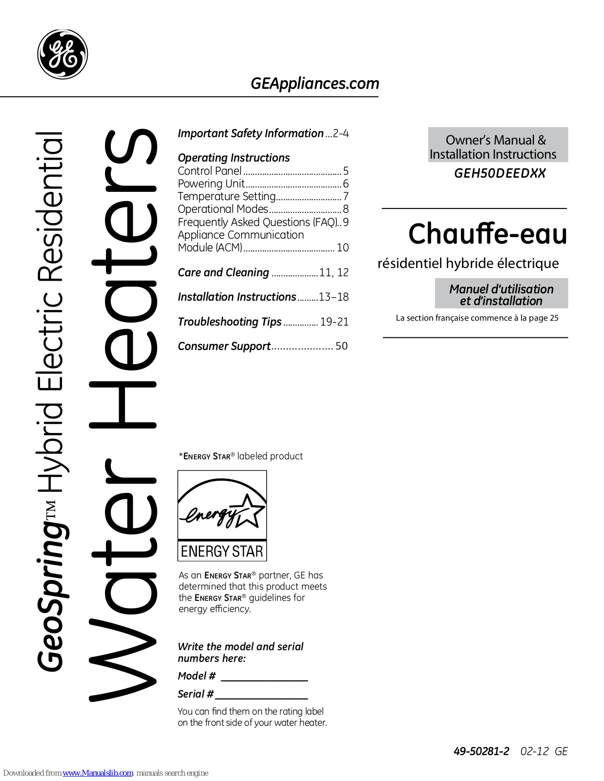 GE GeoSpring GEH50DEEDXX Owner's Manual & Installation Instructions