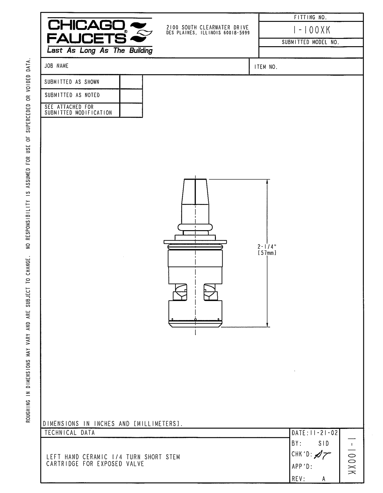 Chicago Faucet 1-100XK, 1-100XKJKNF User Manual