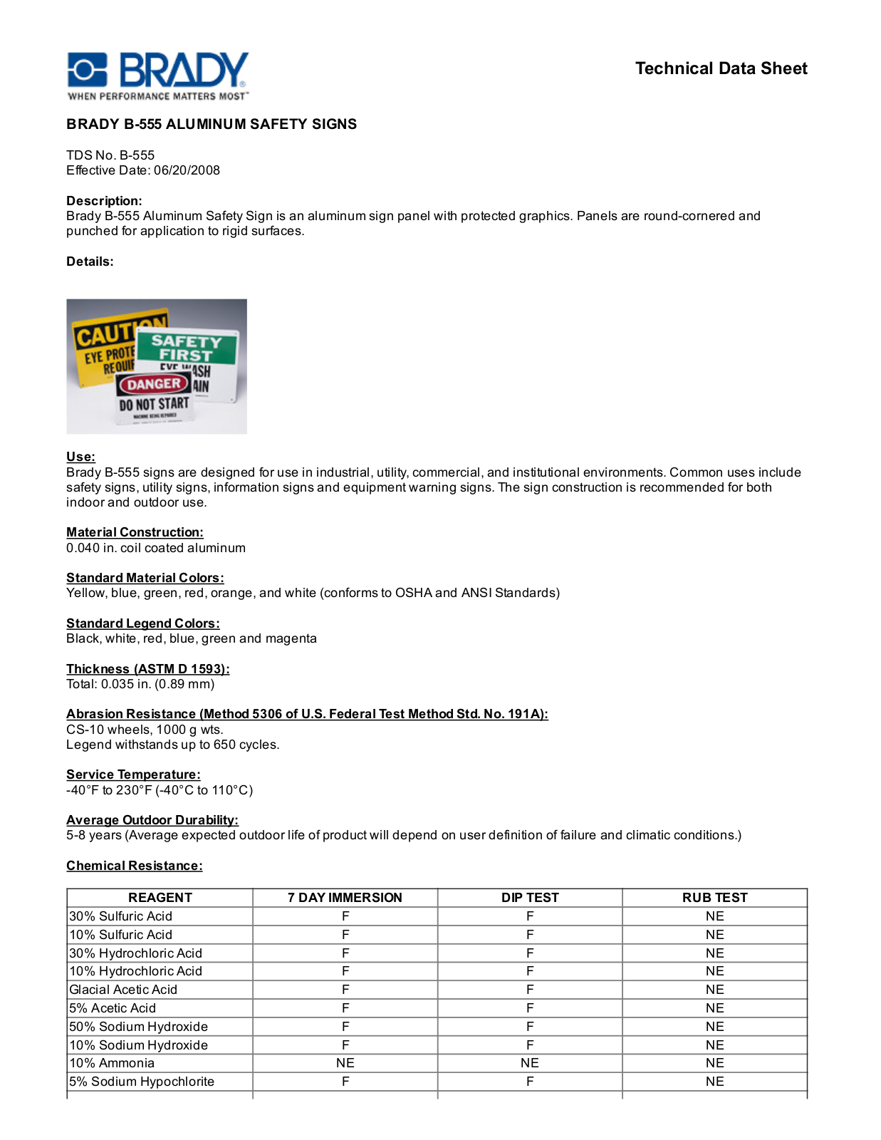 Brady B­555 Technical Data