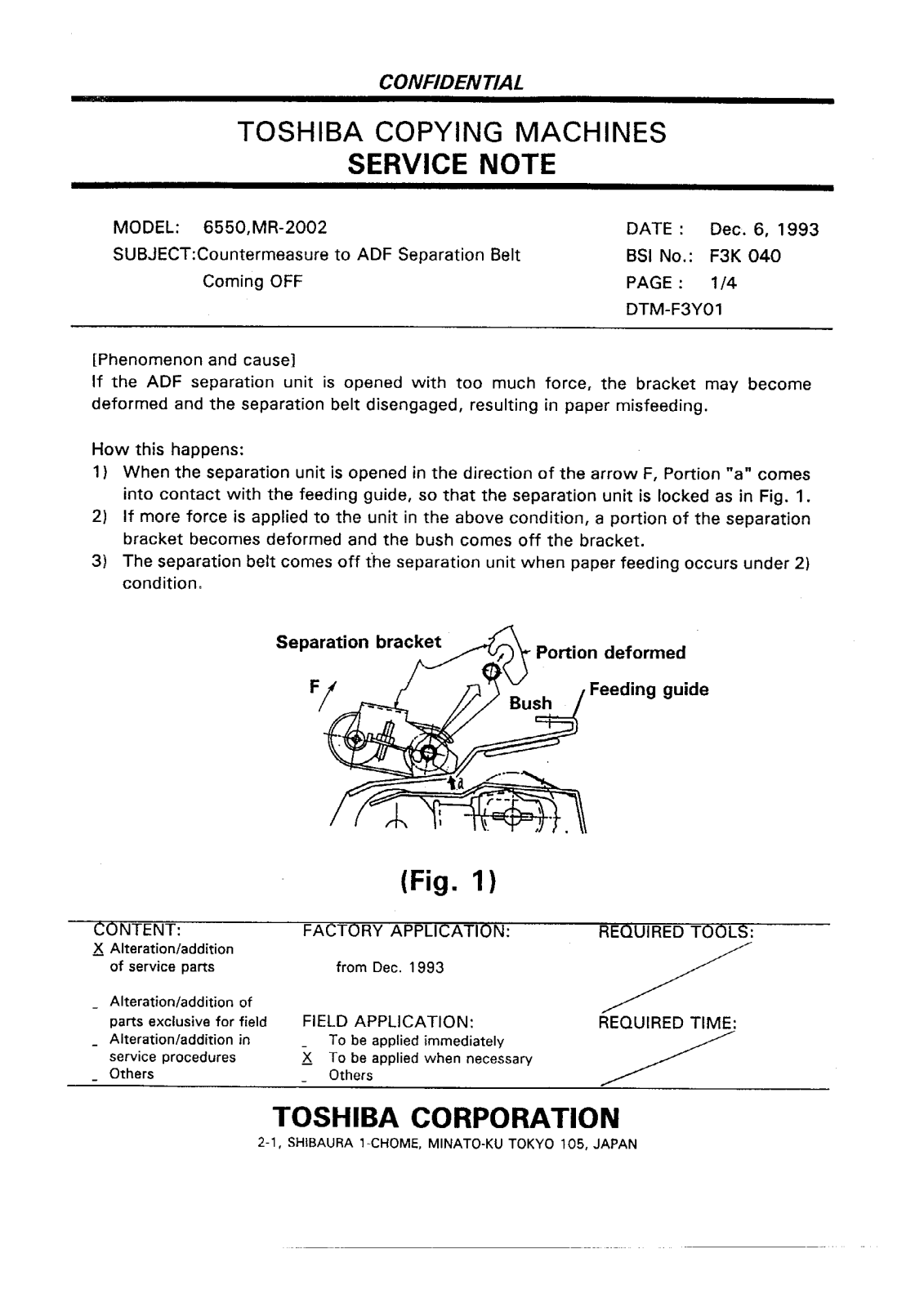 Toshiba f3k040 Service Note