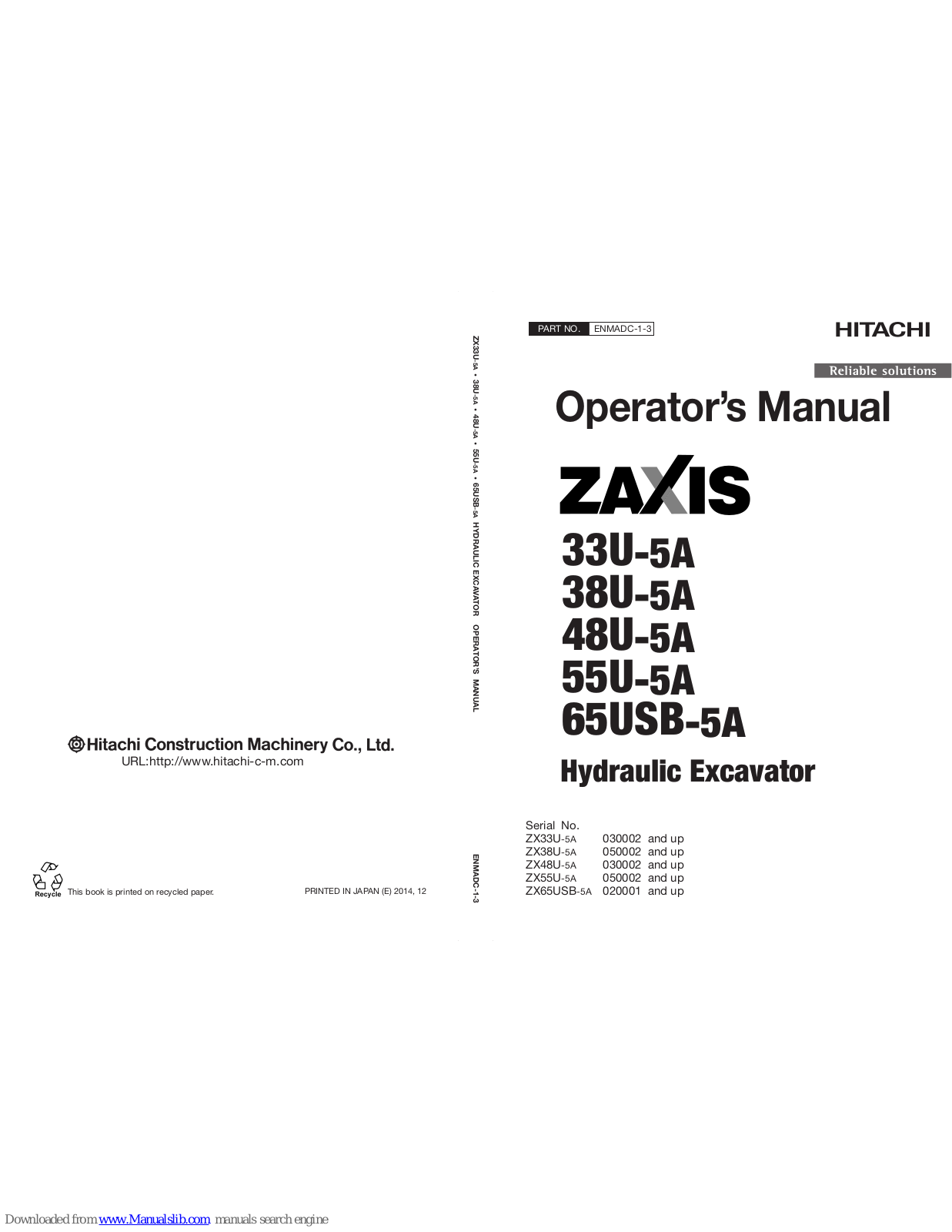 Hitachi Zaxis 33U-5A, Zaxis 38U-5A, Zaxis 65USB-5A, Zaxis 48U-5A, Zaxis 55U-5A Operator's Manual