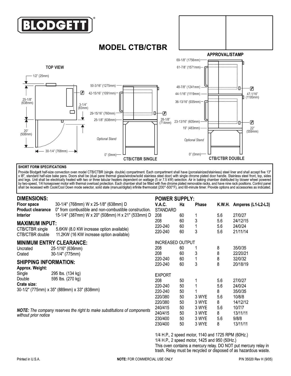 Blodgett CTB, CTBR General Manual