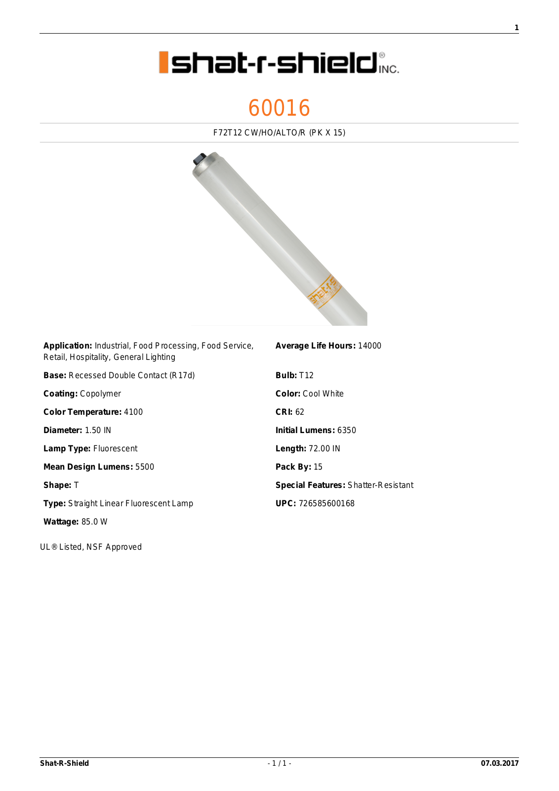 Shat-R-Shield 60016 Data sheet