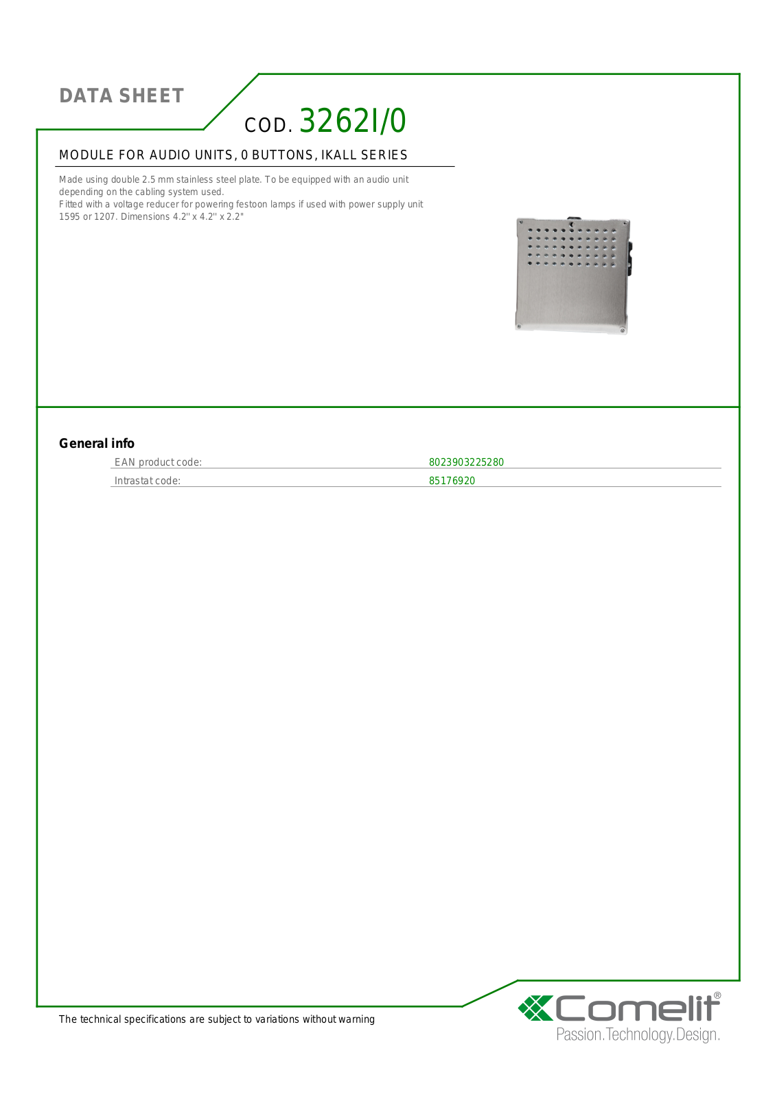 Comelit 3262I-0 Specsheet