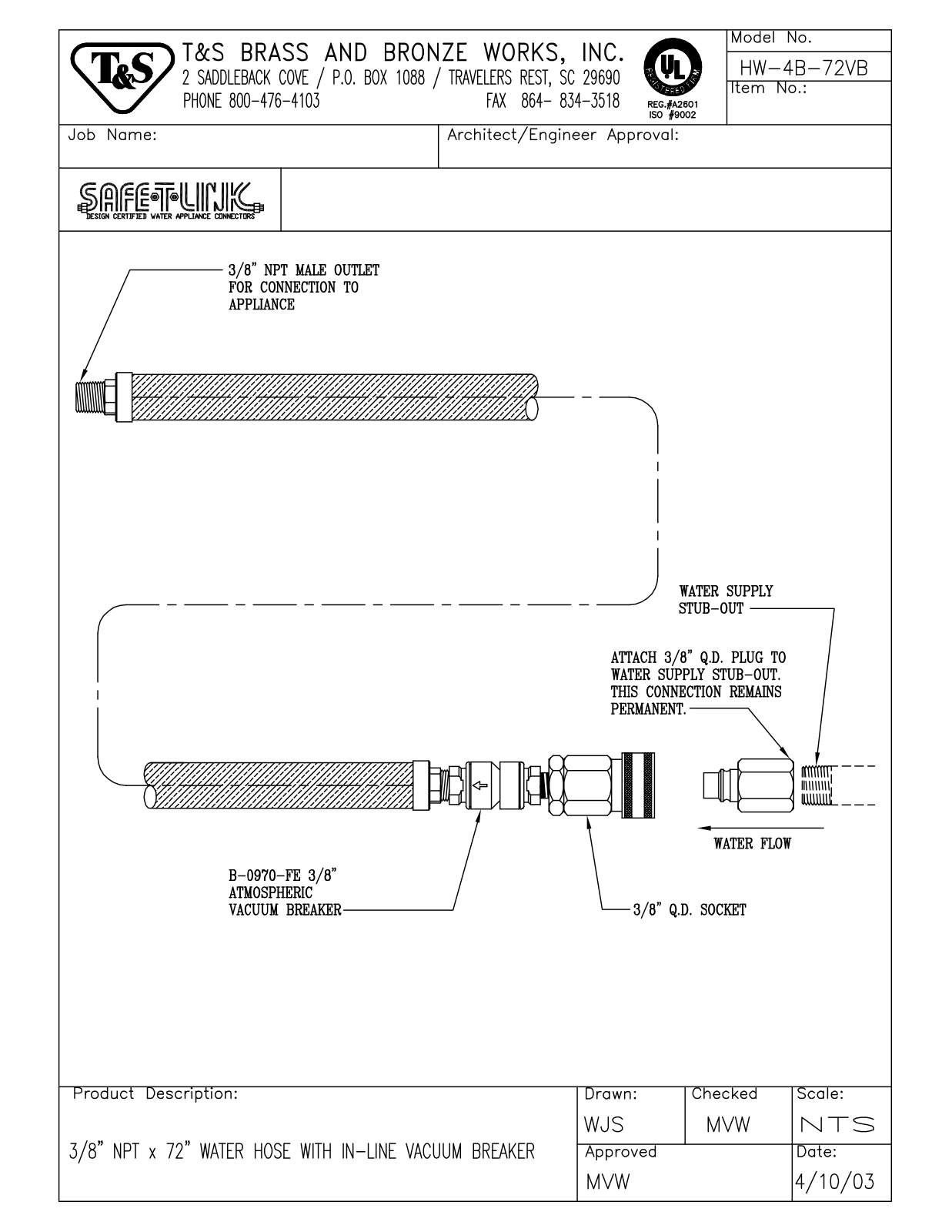 T&S Brass HW-4B-72VB User Manual