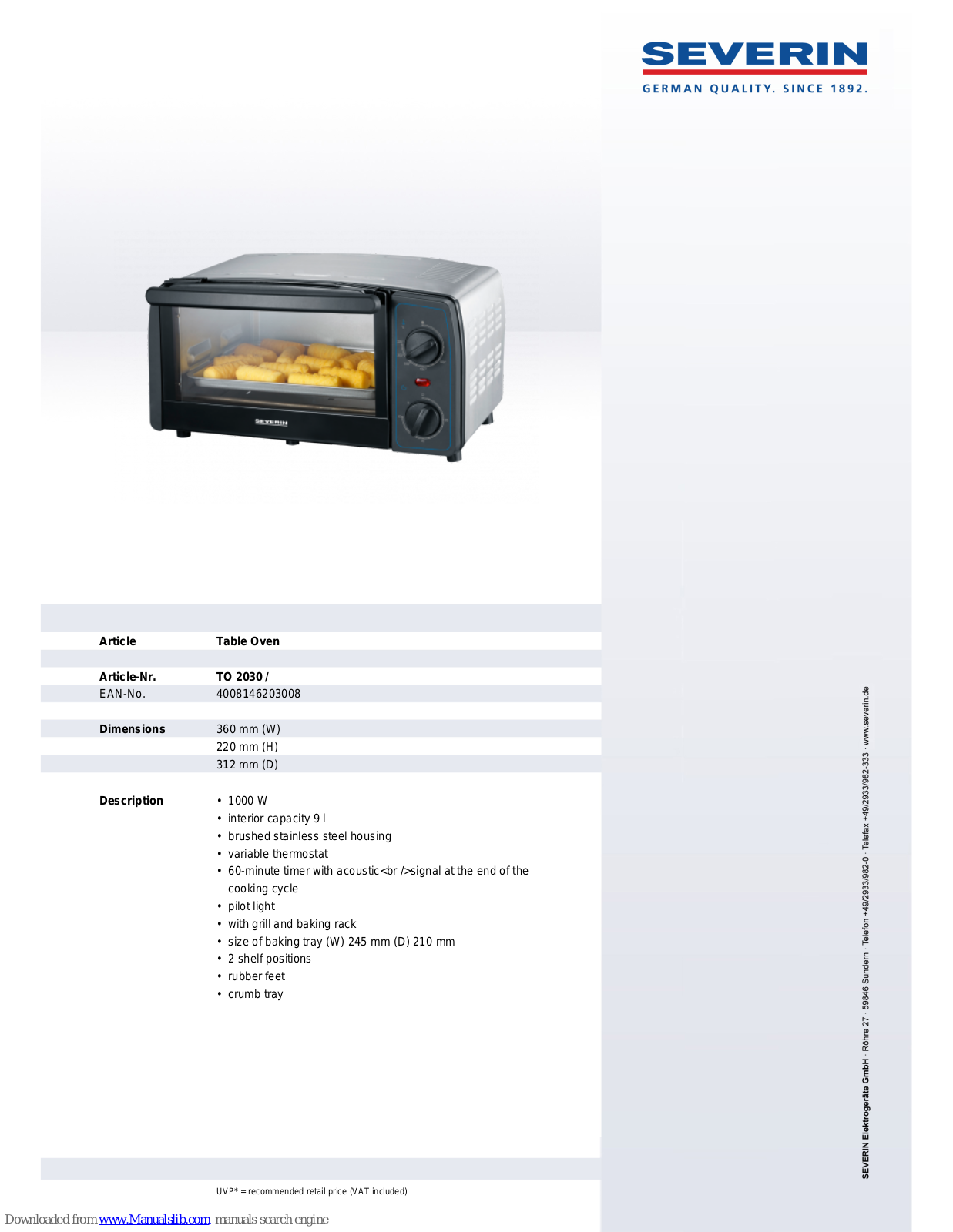 SEVERIN TOASTOFEN TO 2030, TO 2030 Dimensions