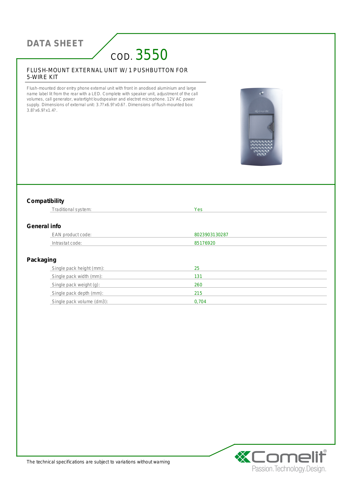Comelit 3550 Specsheet - ManualMachine.com