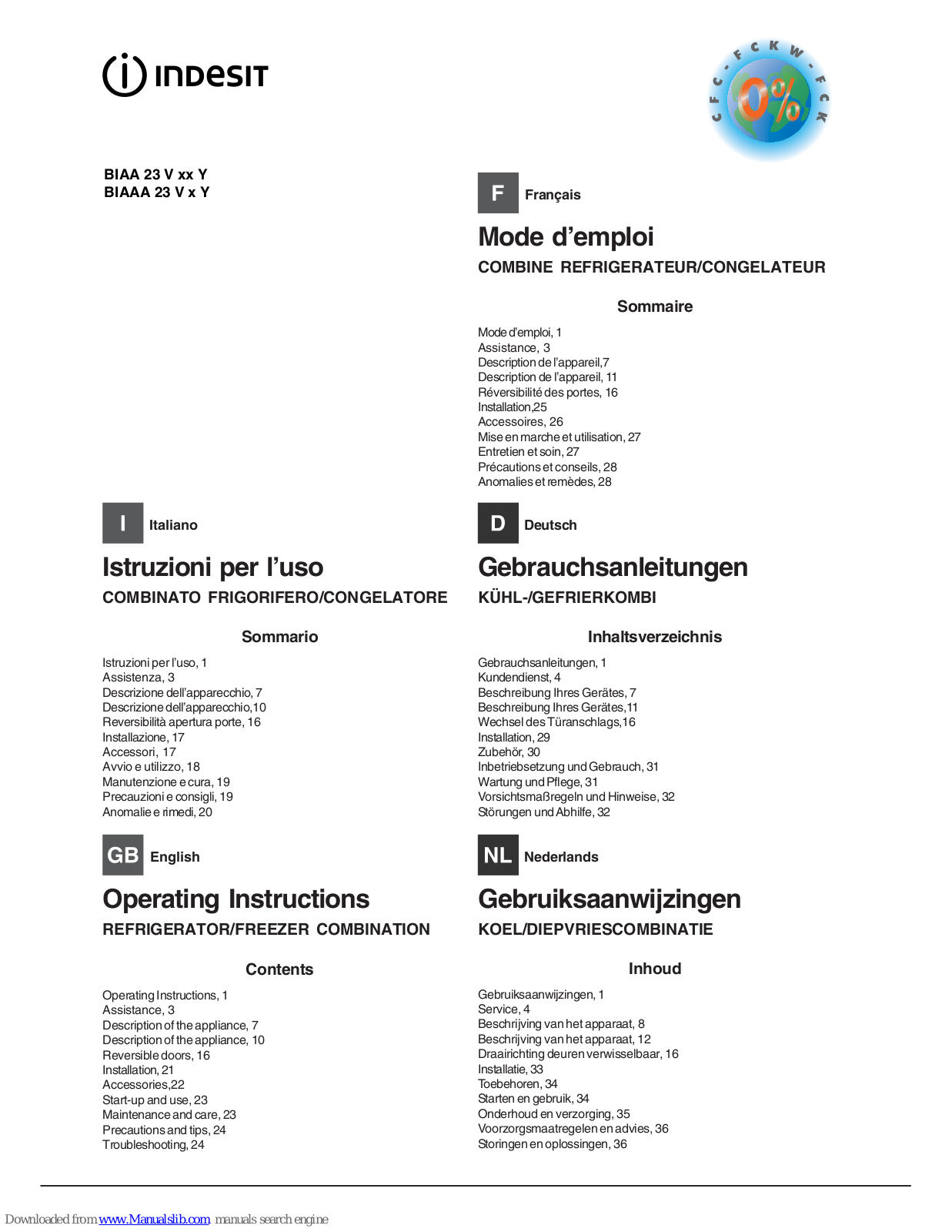 Indesit BIAA 23 V xx Y, BIAAA 23 V x Y Operating Instructions Manual