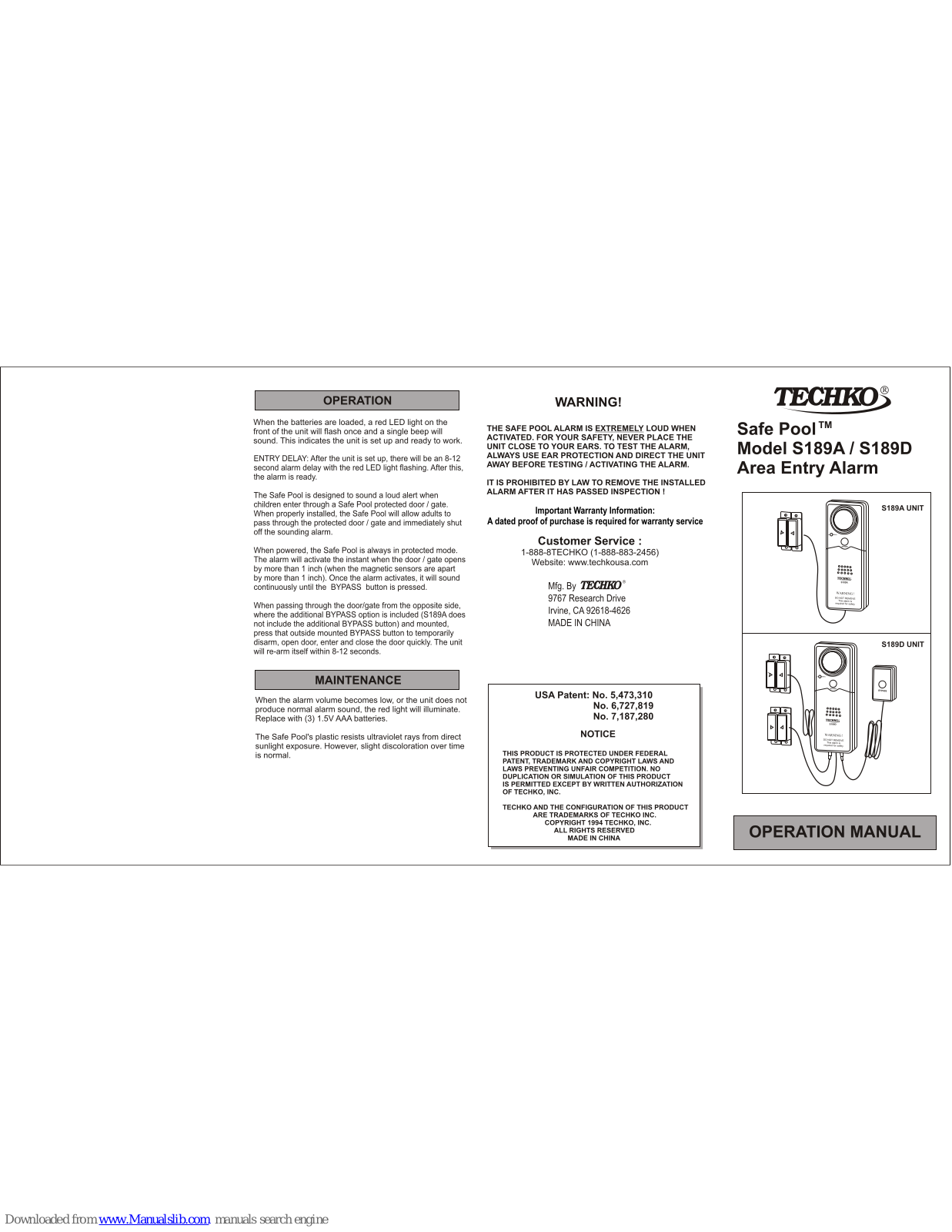 Techko Safe Pool S189A, Safe Pool S189D Operation Manual - ManualMachine.com