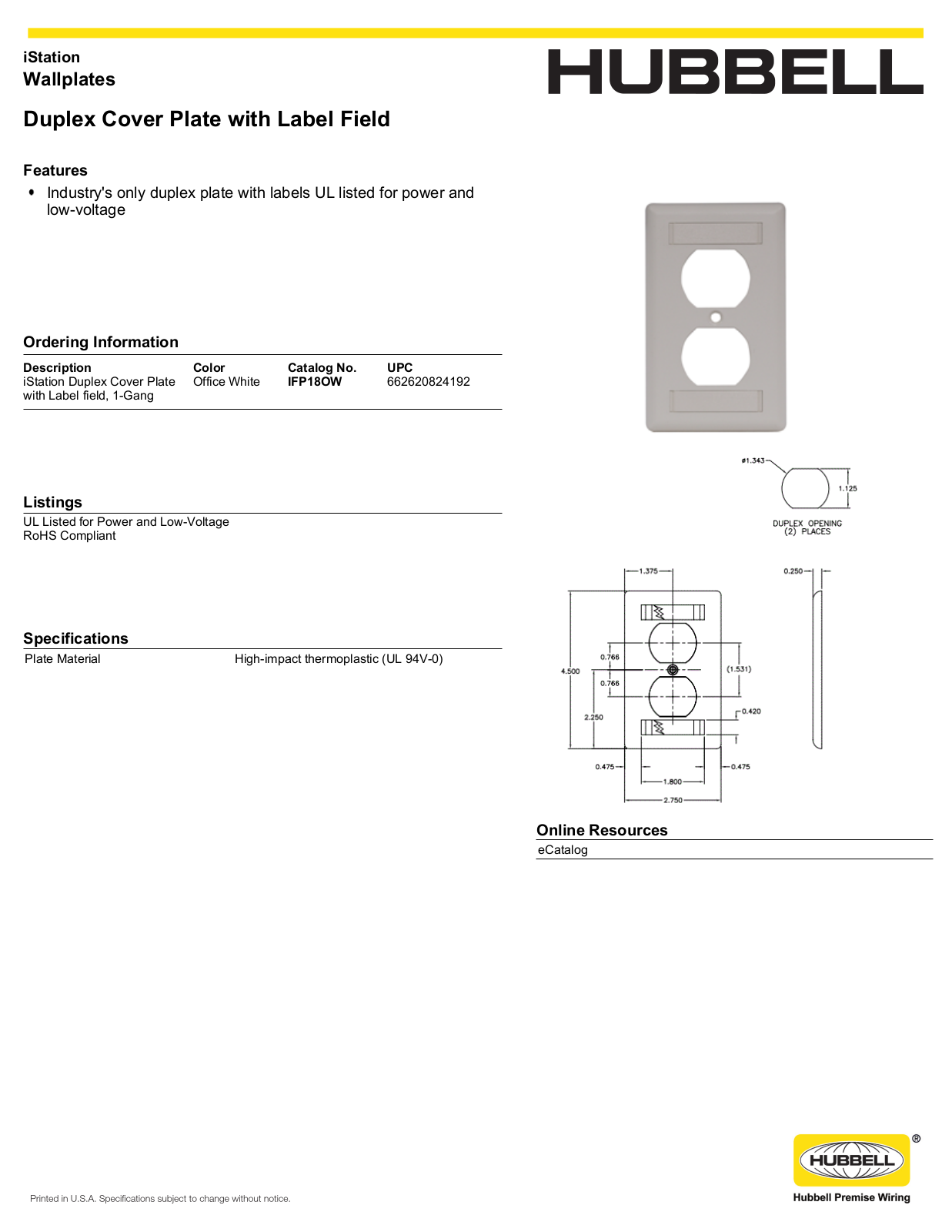 Hubbell IFP18OW Specifications