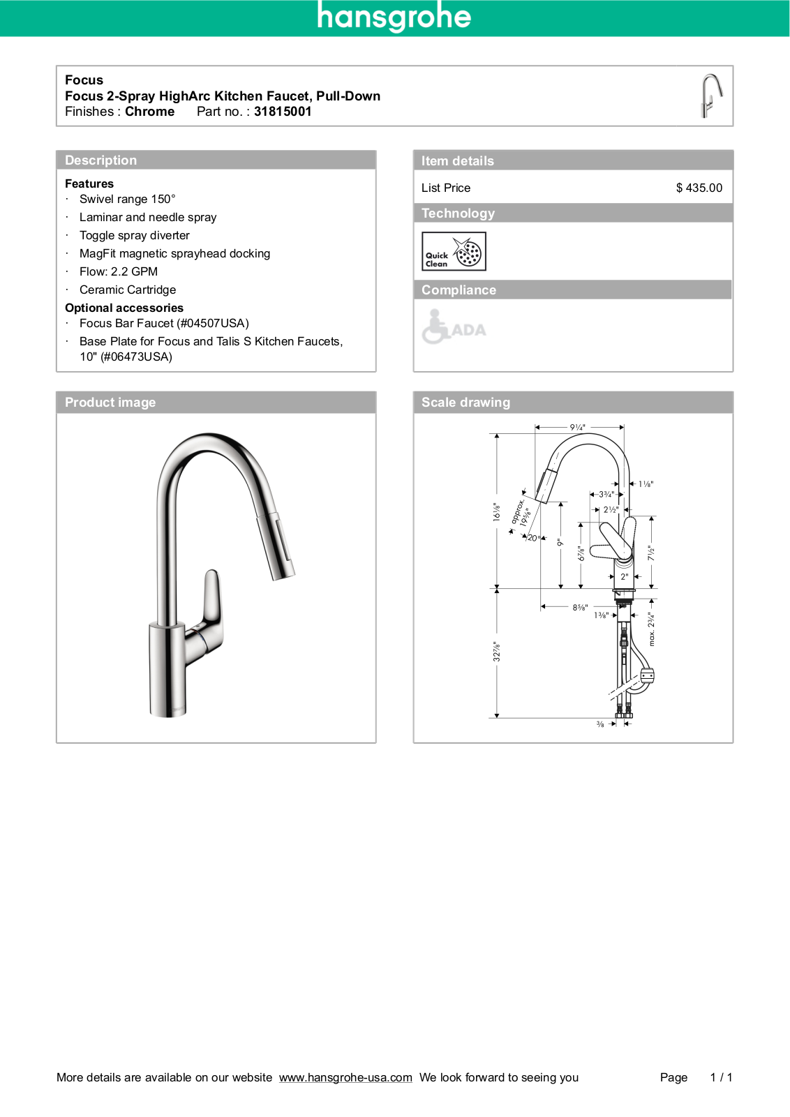 Hansgrohe 31815001 Specs