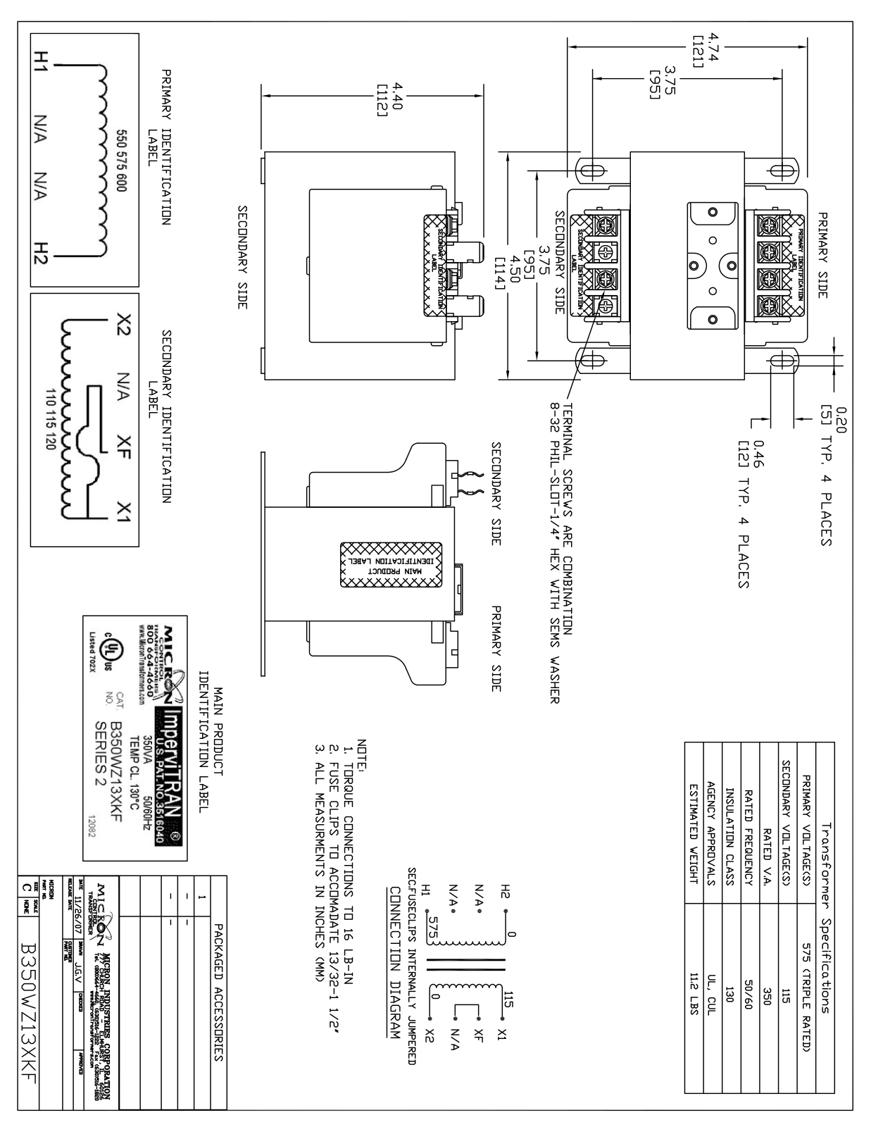 Micron Industries B350WZ13XKF Specification Sheet