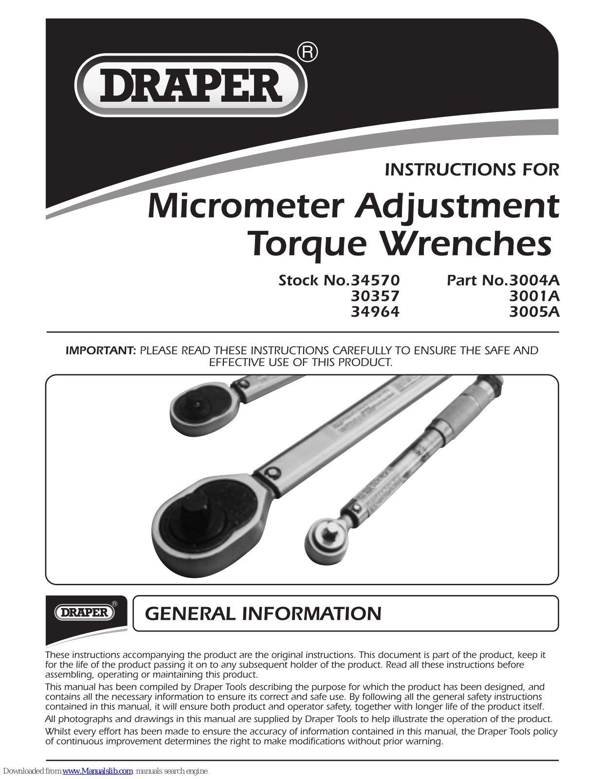 Draper 3004A, 3001A, 3005A, 34570, 30357 Instructions Manual - ManualMachine.com