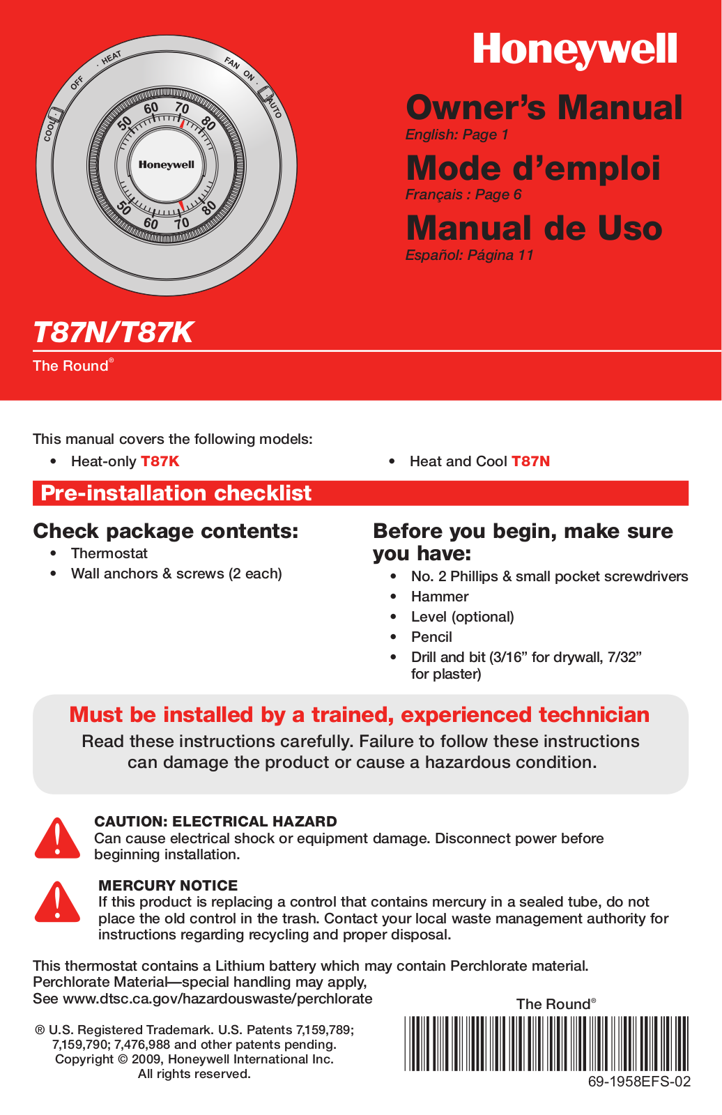 Honeywell T87K1007 User Manual