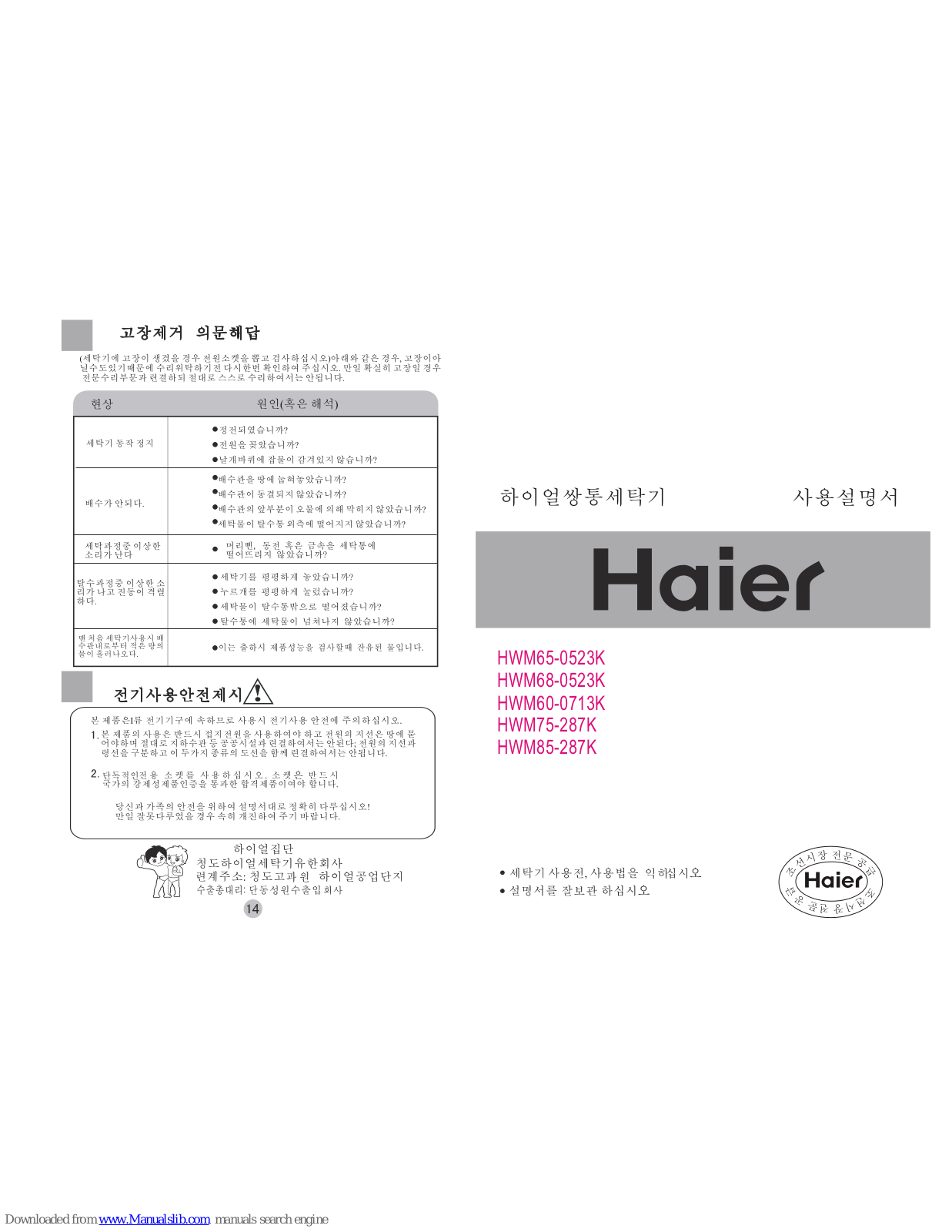 Haier HWM75-287K, HWM65-0523K, HWM68-0523K, HWM60-0713K, HWM85-287K User Manual